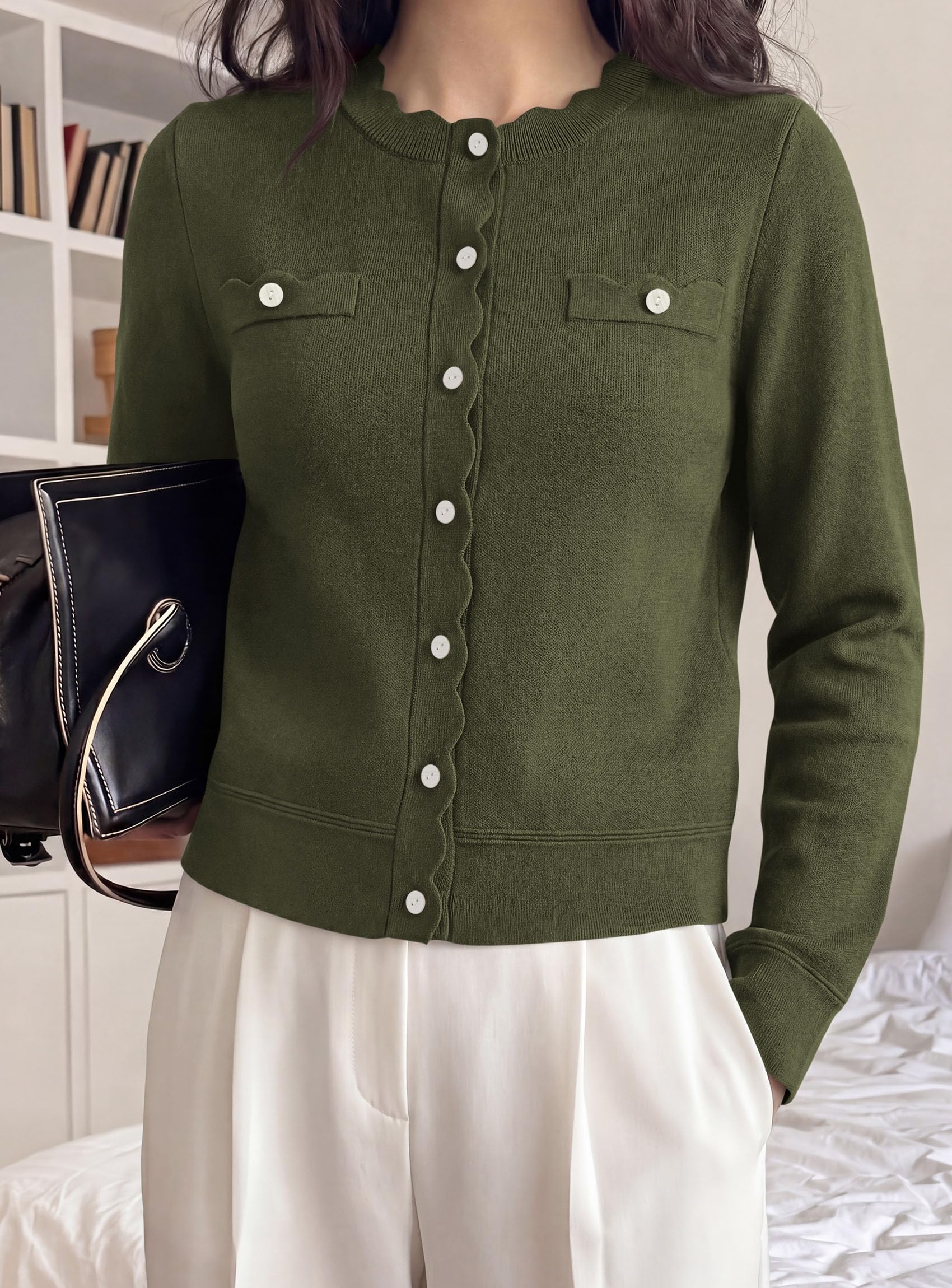 Womens Lightweight Cardigan Sweaters Scalloped Trim Fall Tops