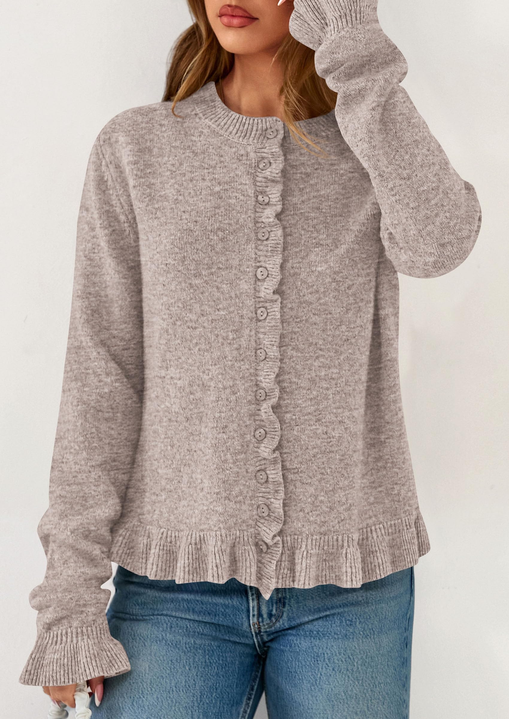 Womens Ruffle Button Down Cardigan Sweaters,Oatmeal,S