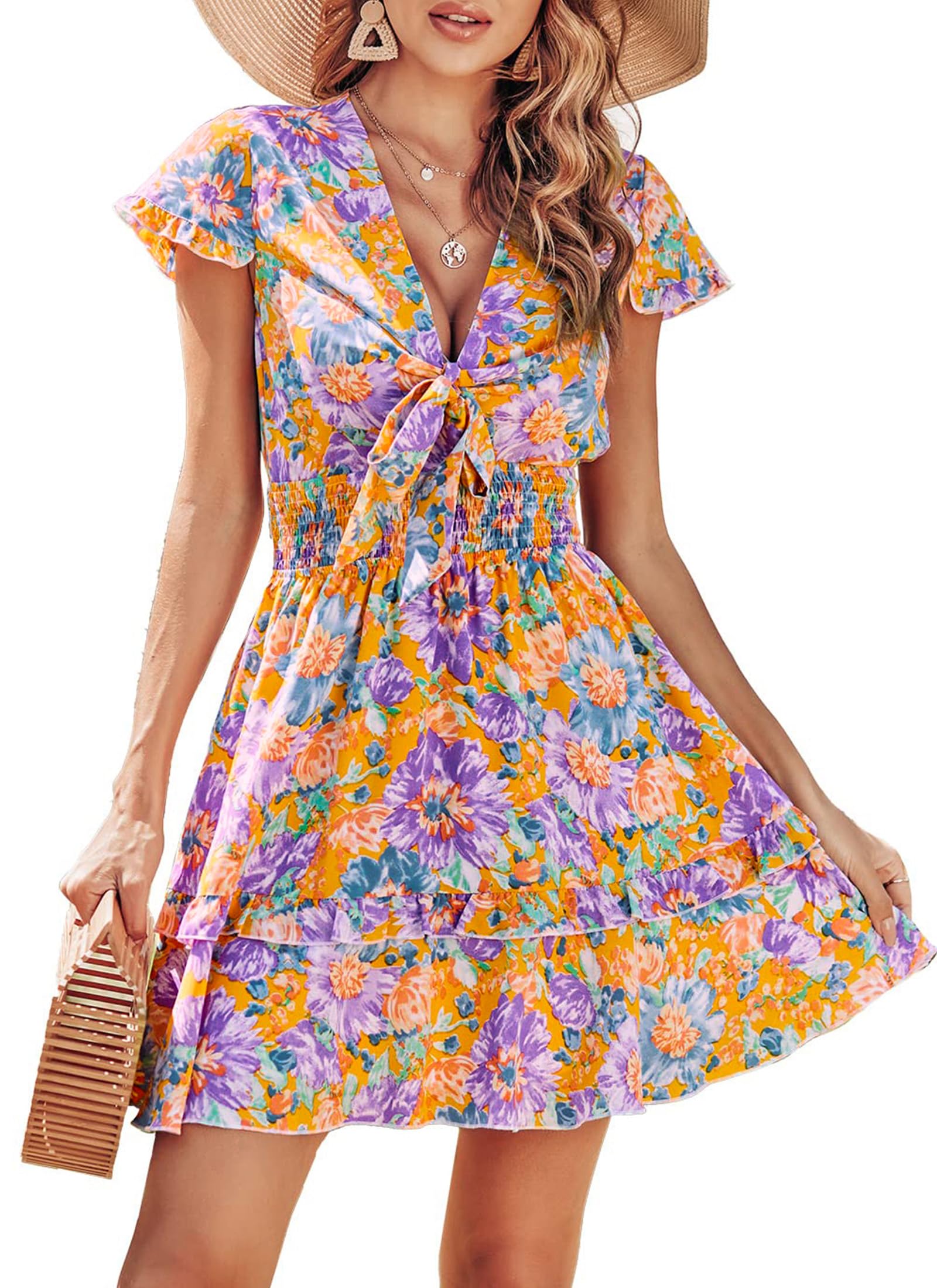 Women's Boho Floral Mini Tiered Bow Dress, Floral Orange,M