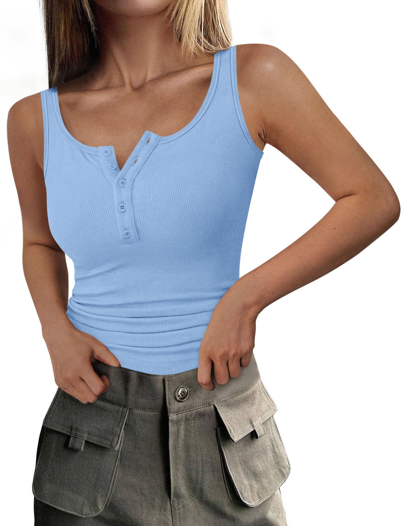 Womens Button Up Sleeveless Henley Tank Tops,Light Blue,S