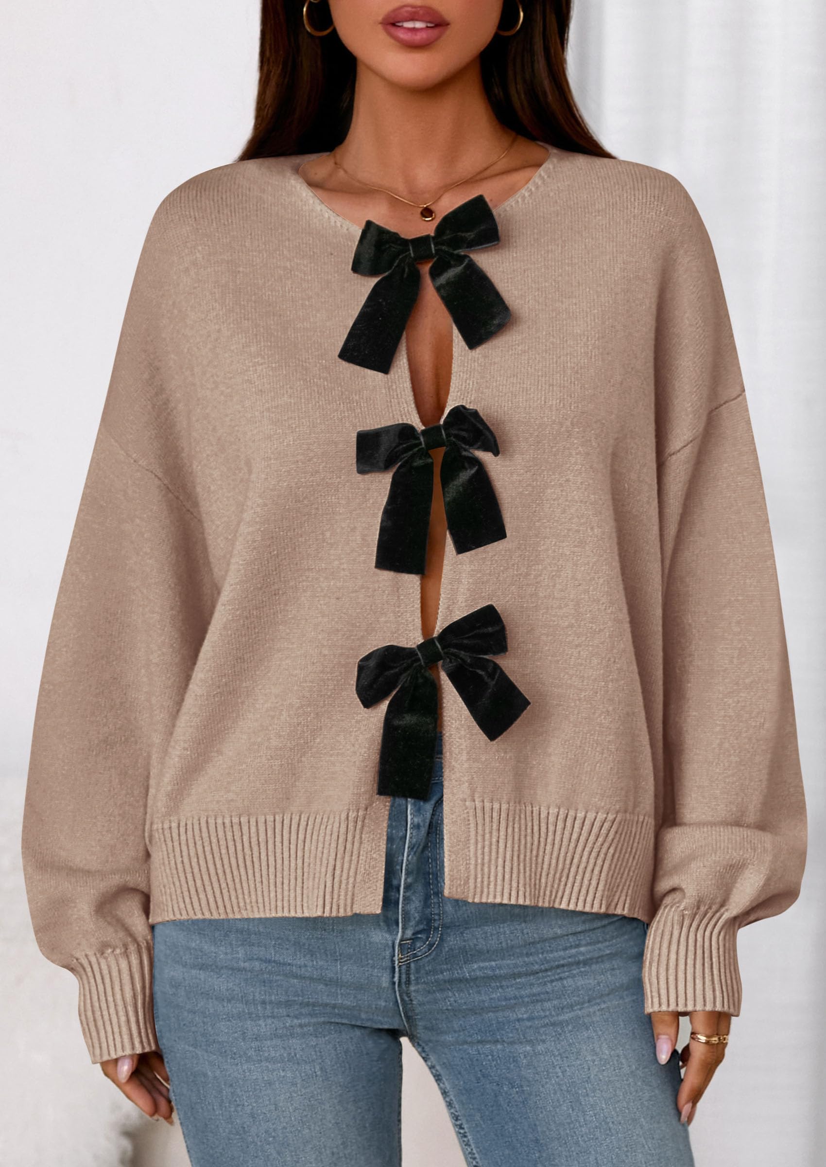Women's Fall Bow Tie Front Cardigan Sweaters,Khaki,S