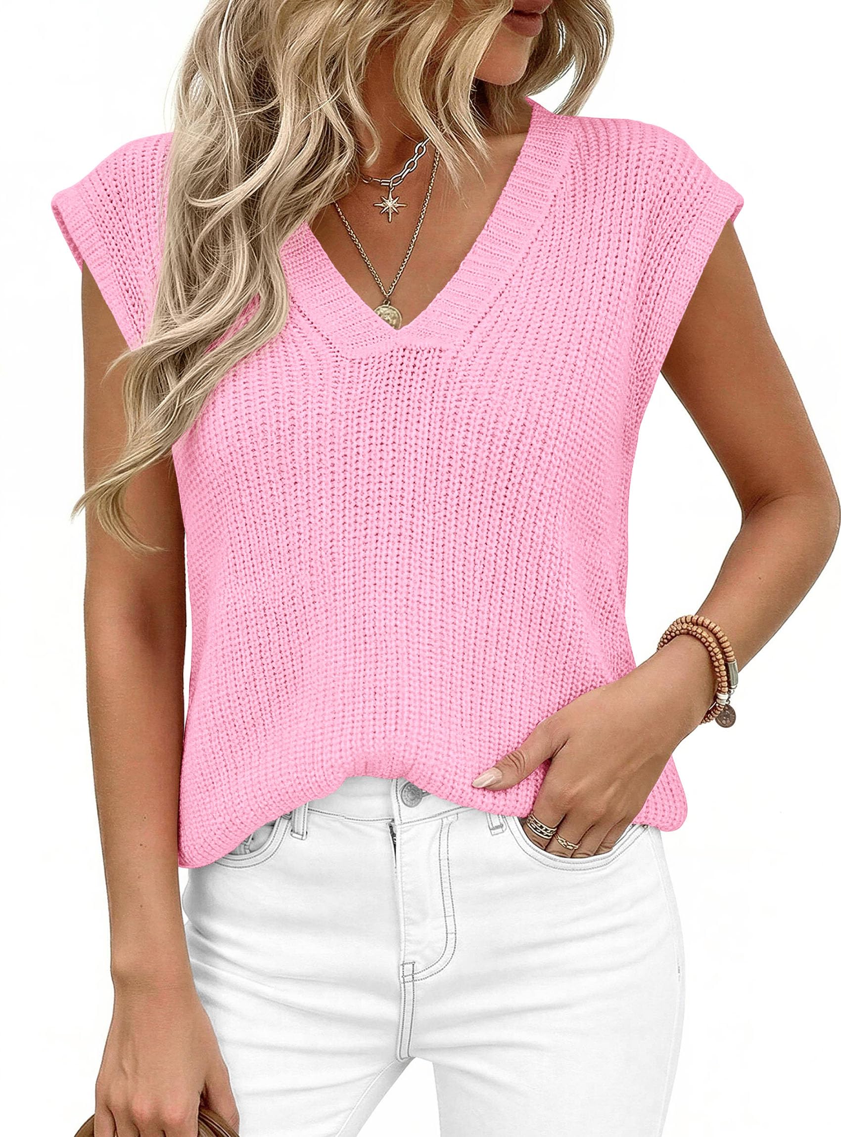 Women's Cap Sleeve Sweaters Vest Summer Tops (Pink,S)