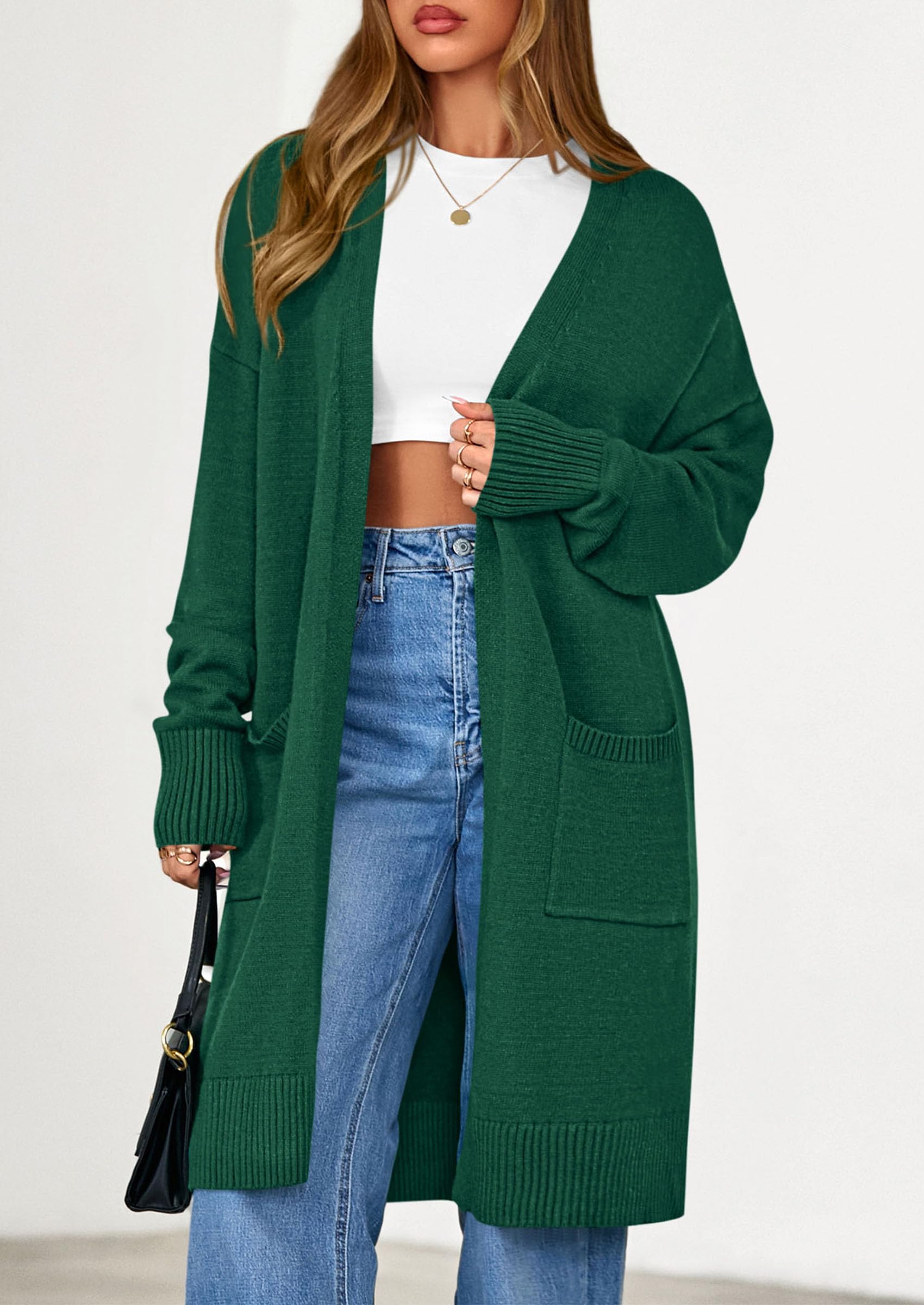 Women's Oversized Open Front Long Knit Cardigan,Green,S