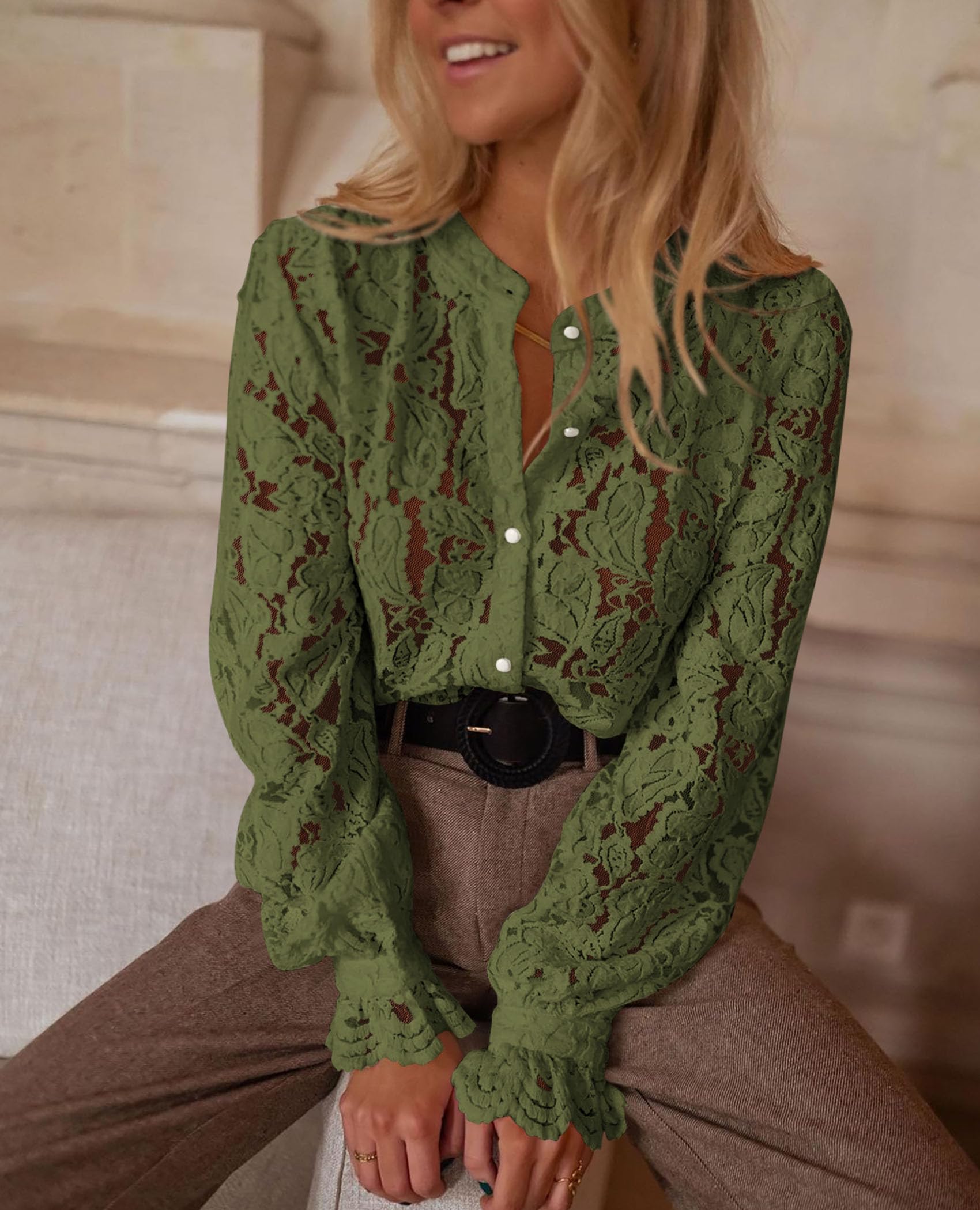 Women's Fall Trendy Long Sleeve Lace Tops(Army Green,Small)
