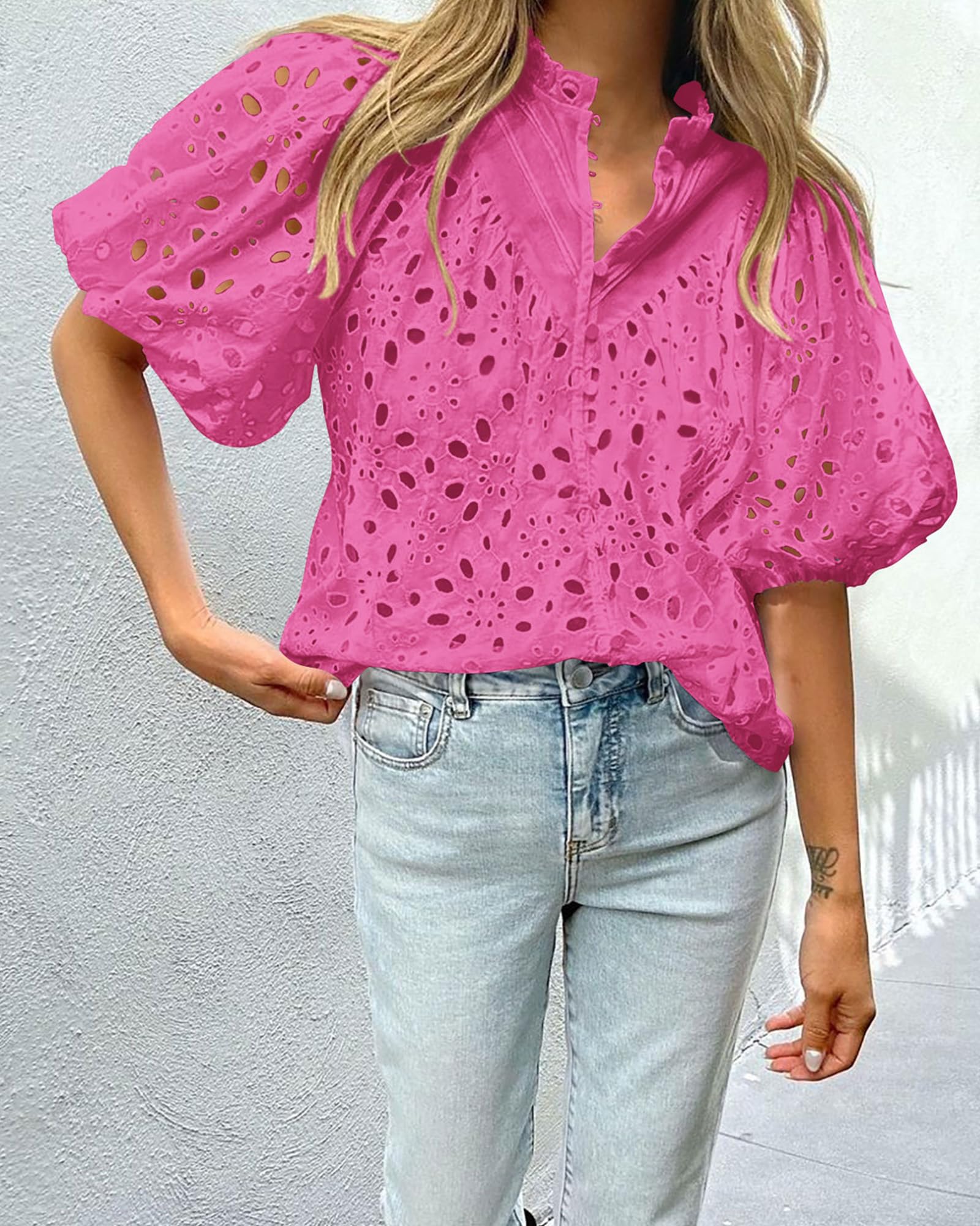 Womens Tops Boho Eyelet Puff Sleeve Blouse, Rose Pink,S