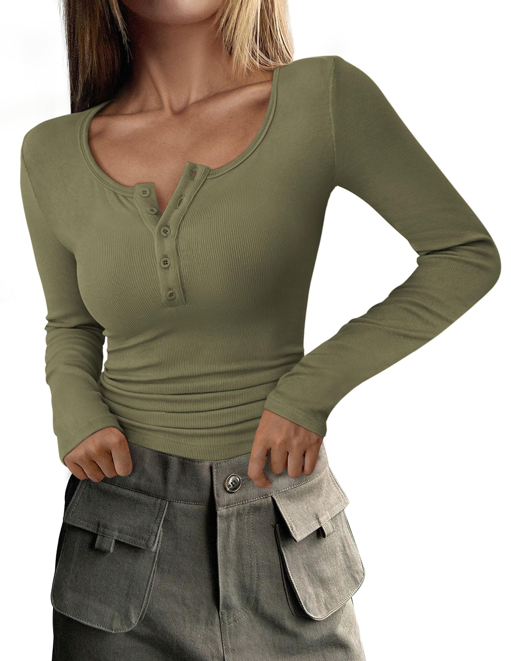 Women's Fall Long Sleeve Henley T Shirts Grey Green
