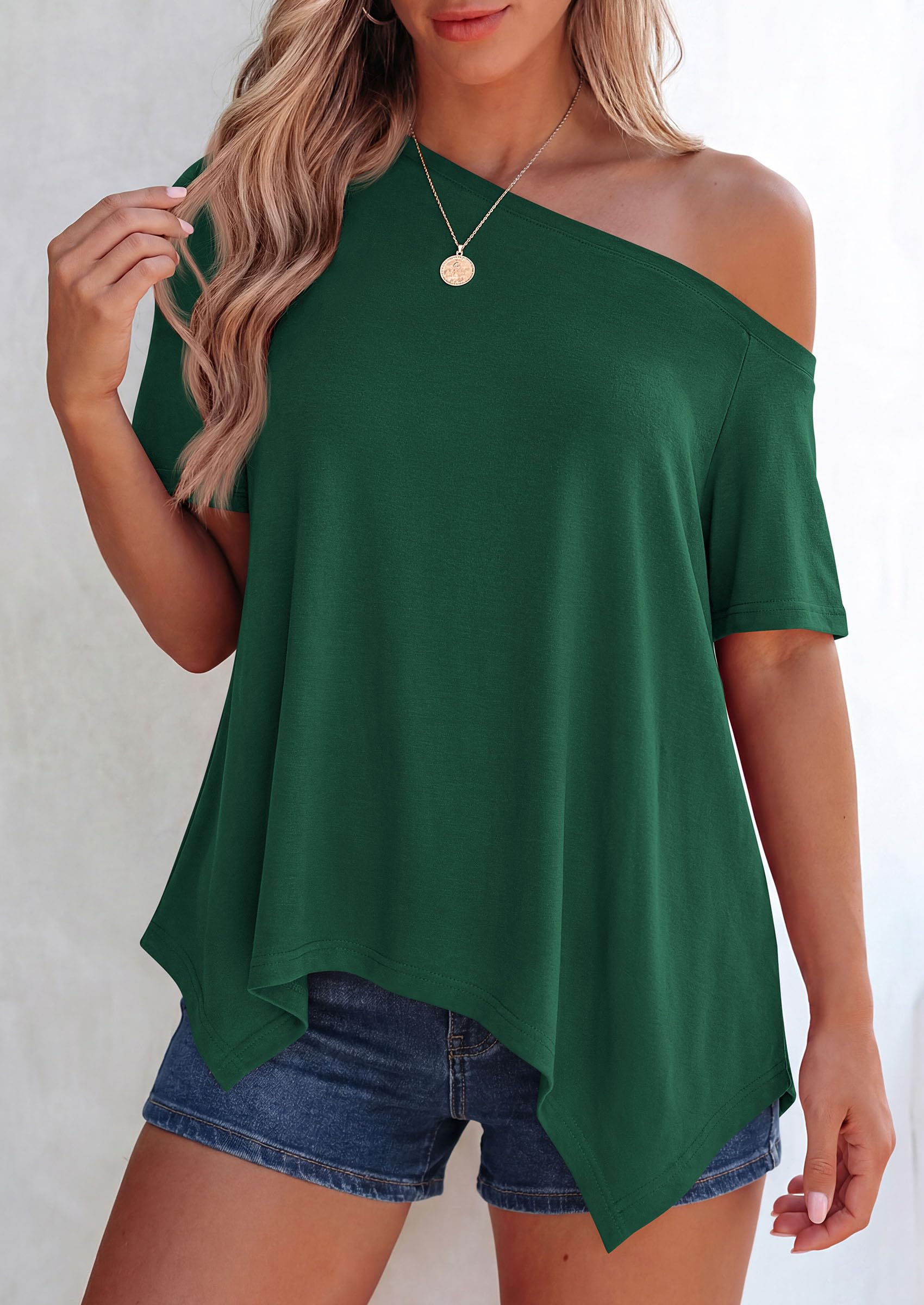 Off Shoulder Tops for Women Oversized Tshirts, Dark Green,S