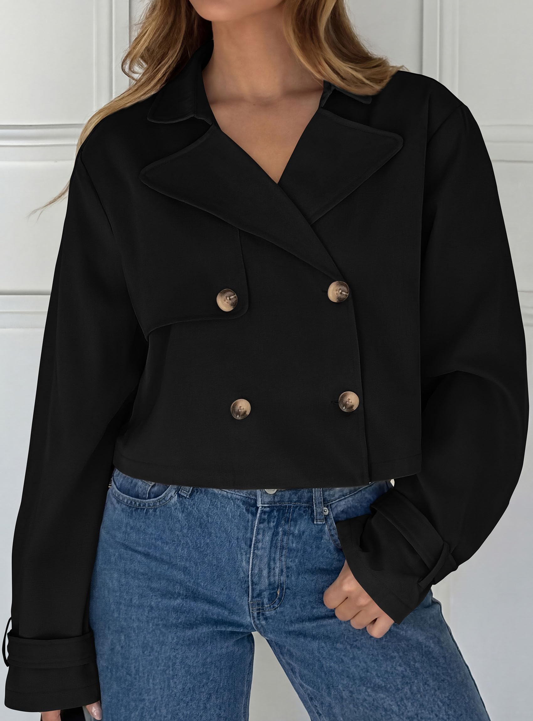 Cropped Trench Coat For Women Short Jacket,Black,S