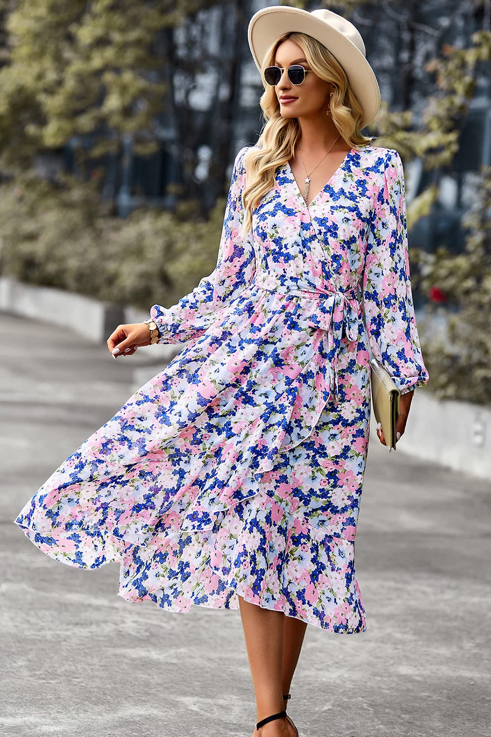 Women's Floral Boho Long Sleeve Maxi Dress, Floral Apricot,S