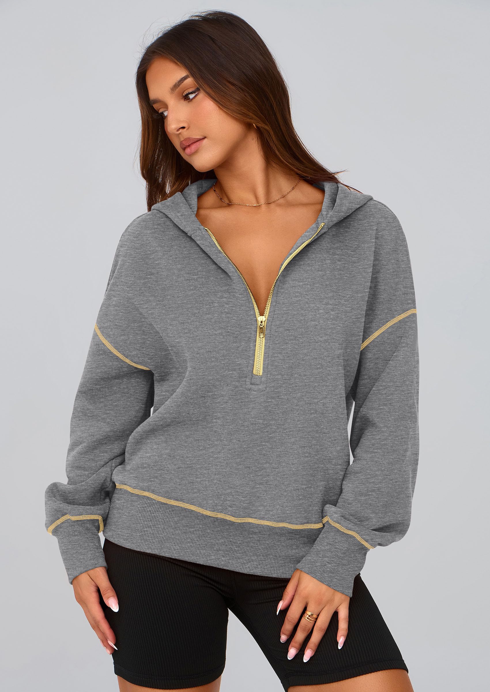 Women's Fall Half Zip Cropped Hoodie Sweatshirt Dark Grey