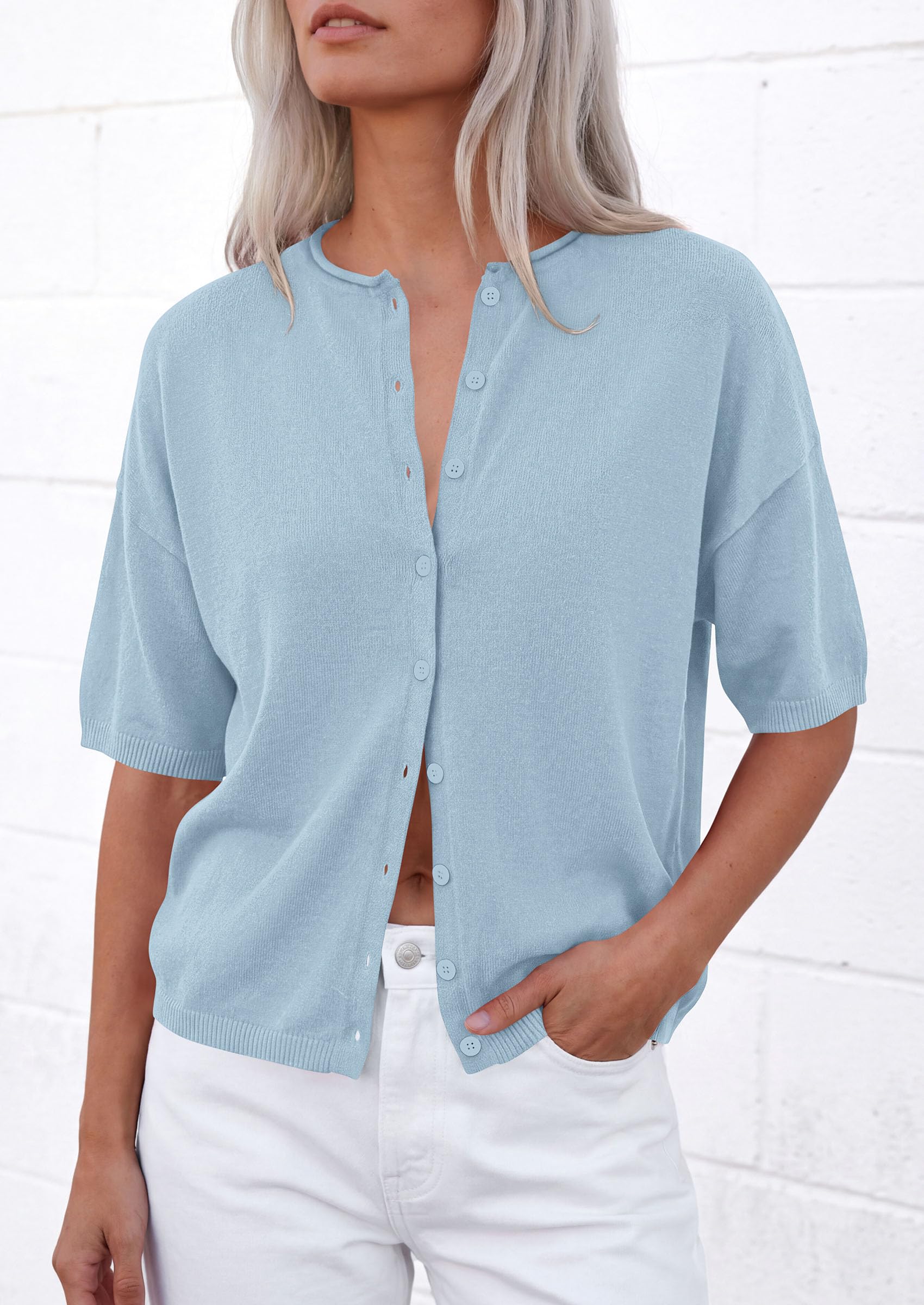 Women's Short Sleeve Cardigan Sweaters (Sky Blue,Small)