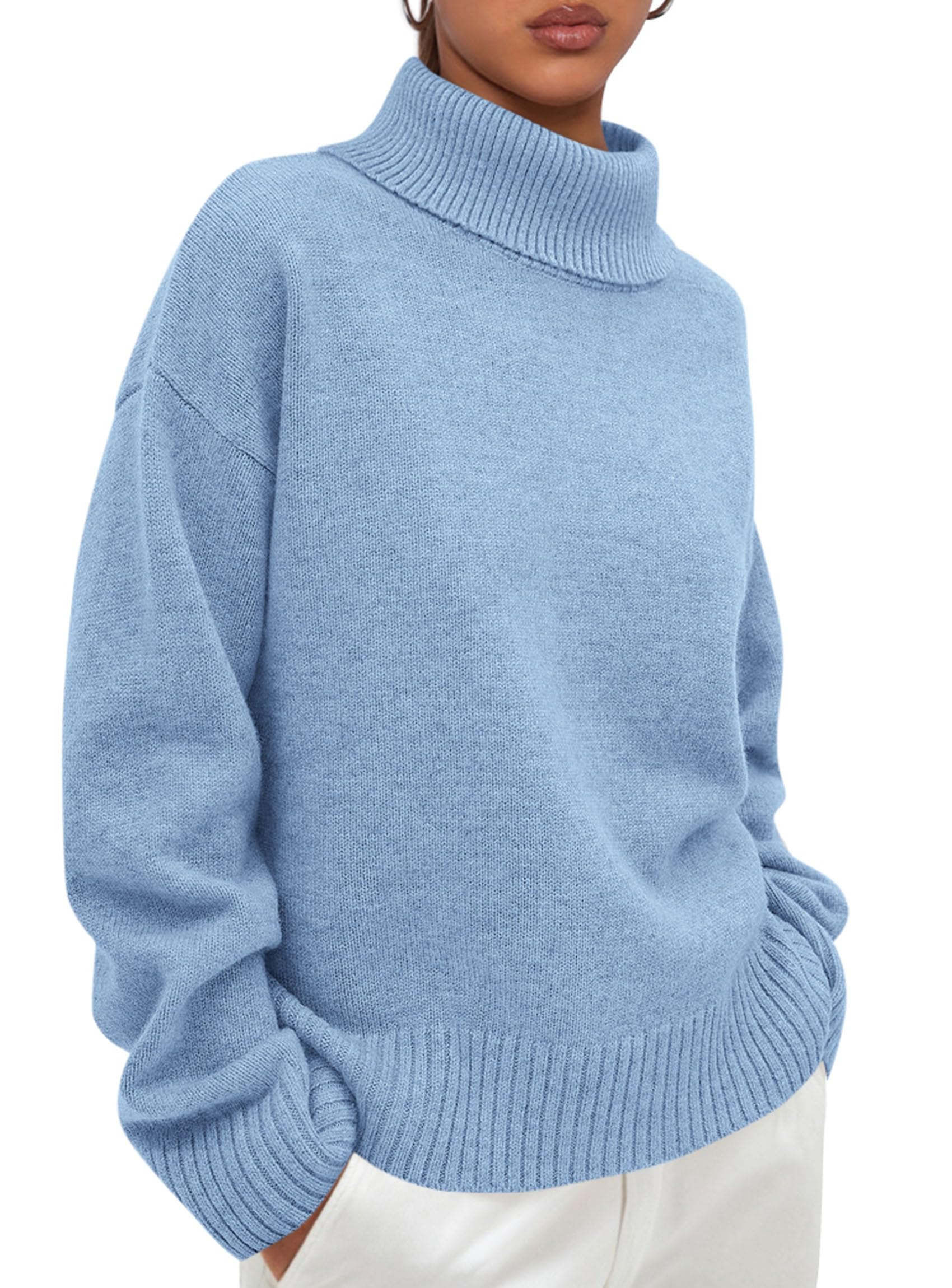 Womens Turtleneck Long Sleeve Knit Sweater,Light Blue,S