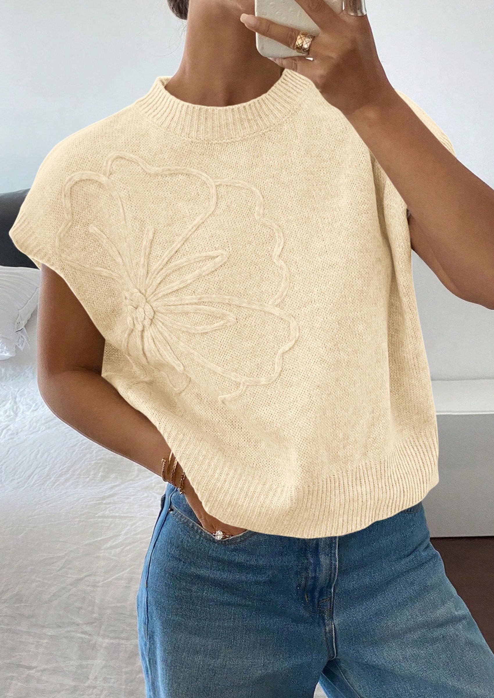 Women's Summer Short Cap Sleeve Sweater Vest (Apricot,S)
