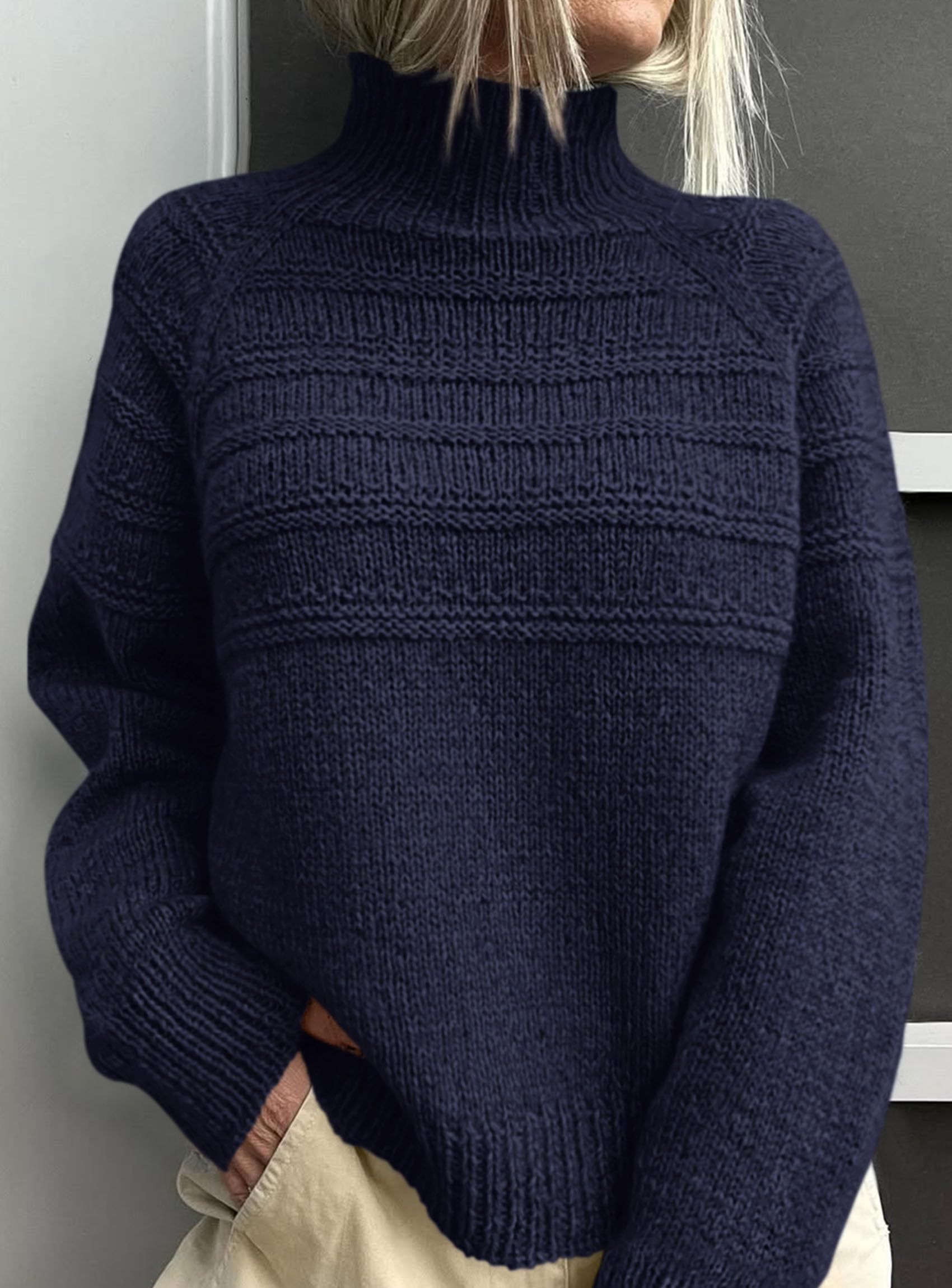 Women's Chunky Knit Mock Neck Pullover Sweaters,Navy Blue,S