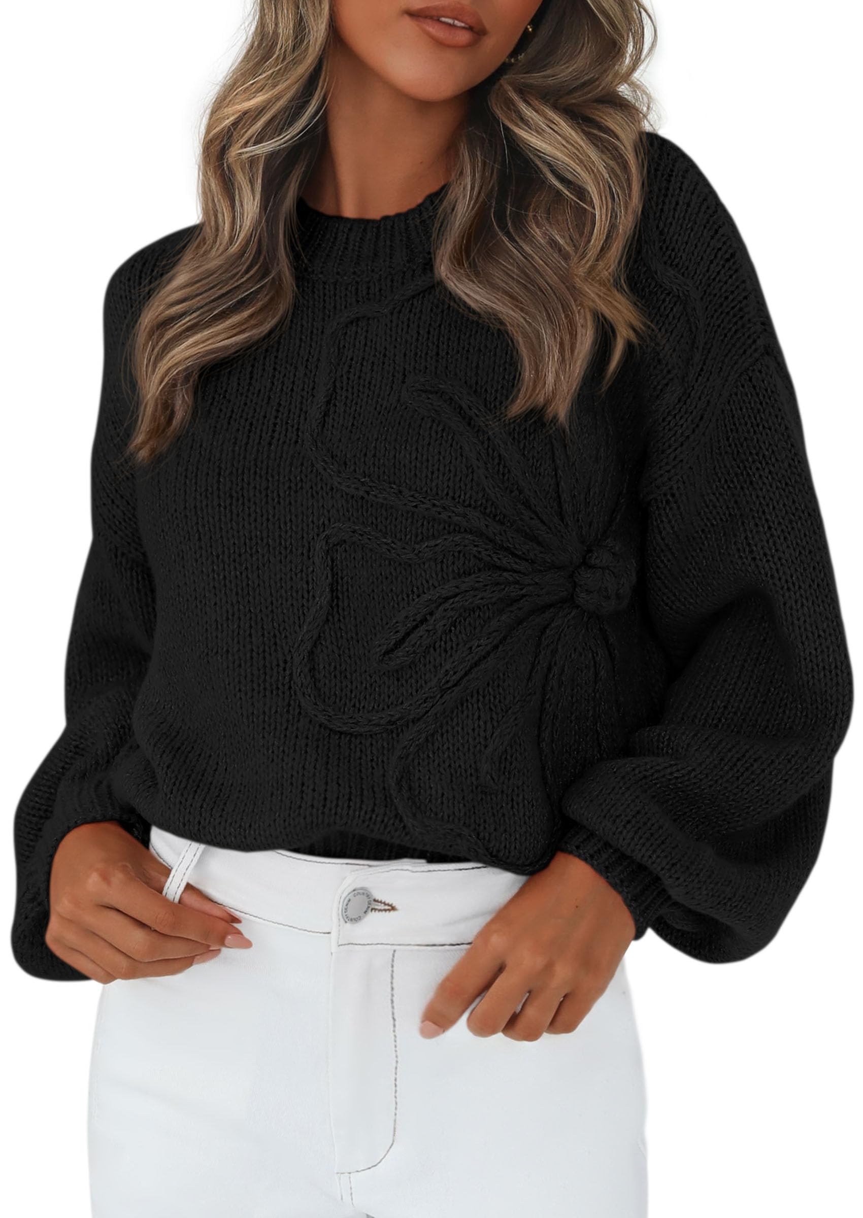 Women's Oversized 3D Floral Knit Sweater,Black,S
