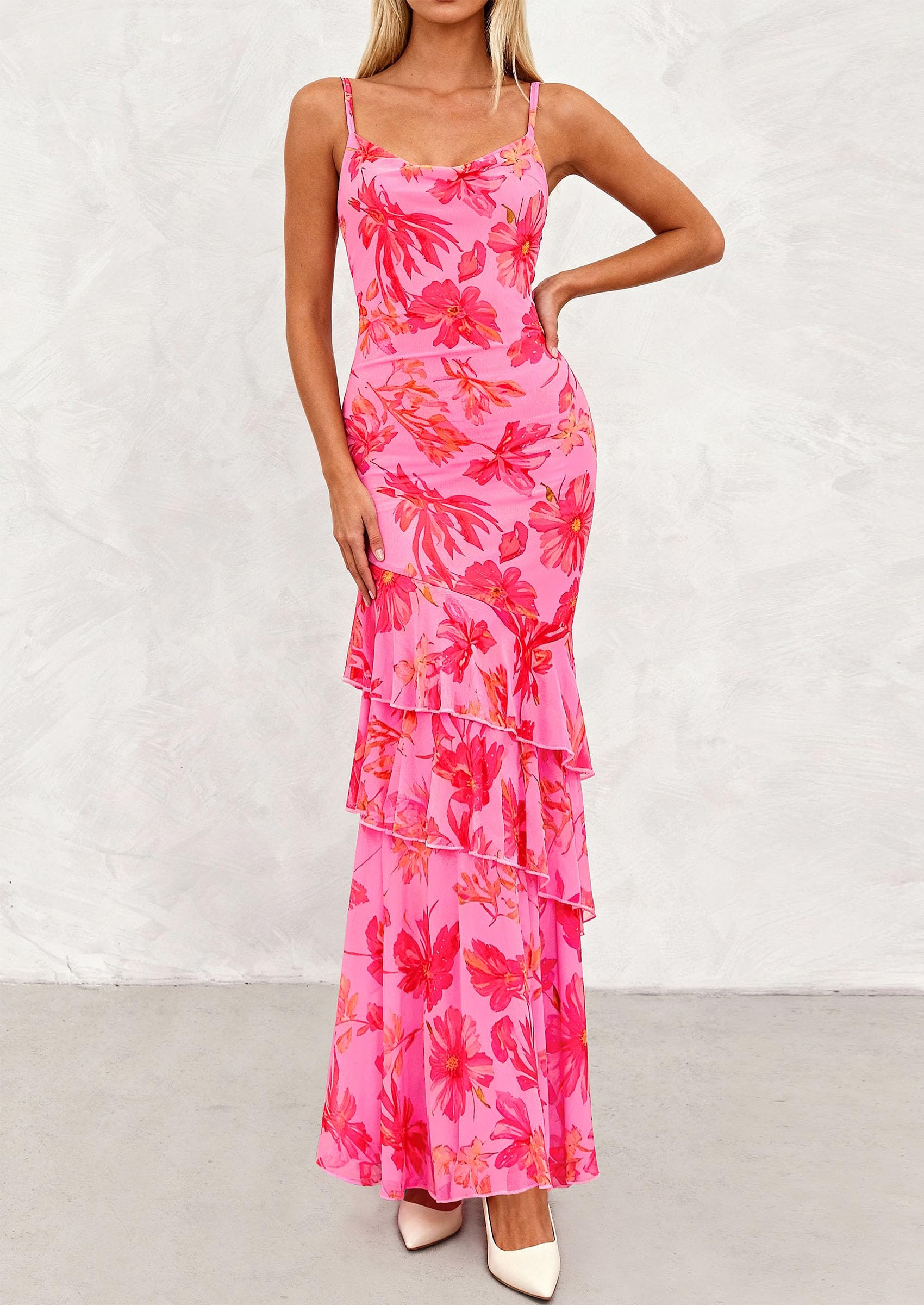 Women's Boho Floral Tiered Maxi Dress, Pink Orange Floral,XS