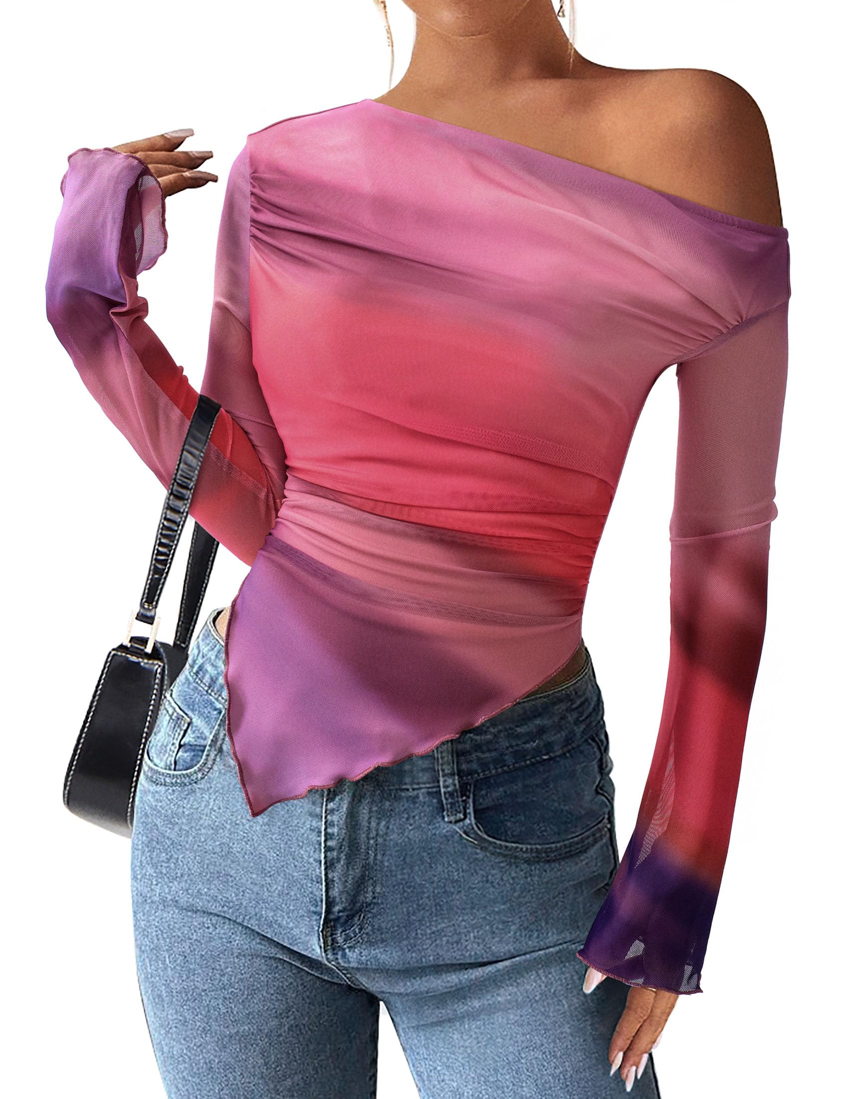 Womens Off Shoulder Mesh Y2k Tops,Multicolour Print,XS