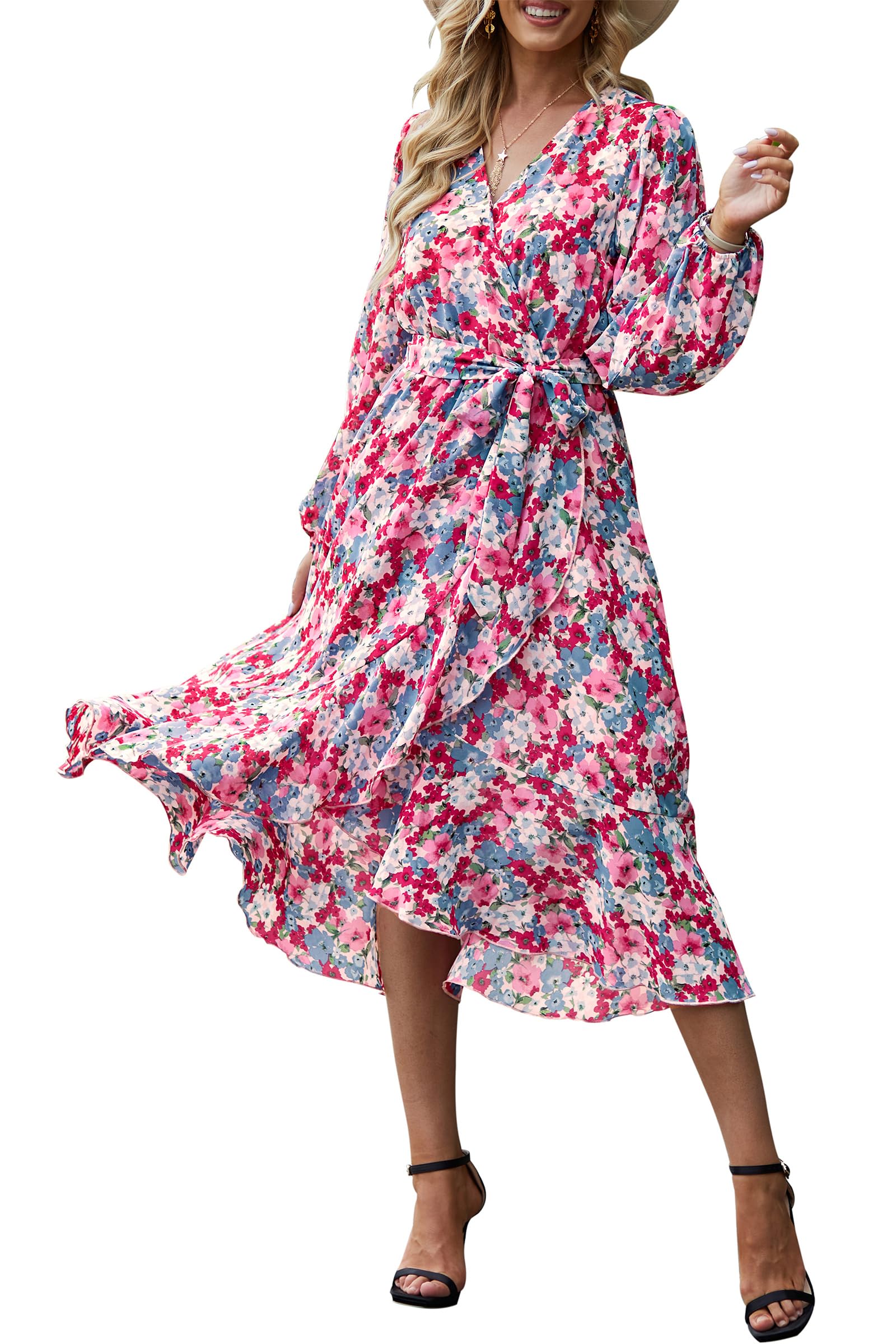 Women's Floral Boho Long Sleeve Maxi Dress, Floral Pink,S