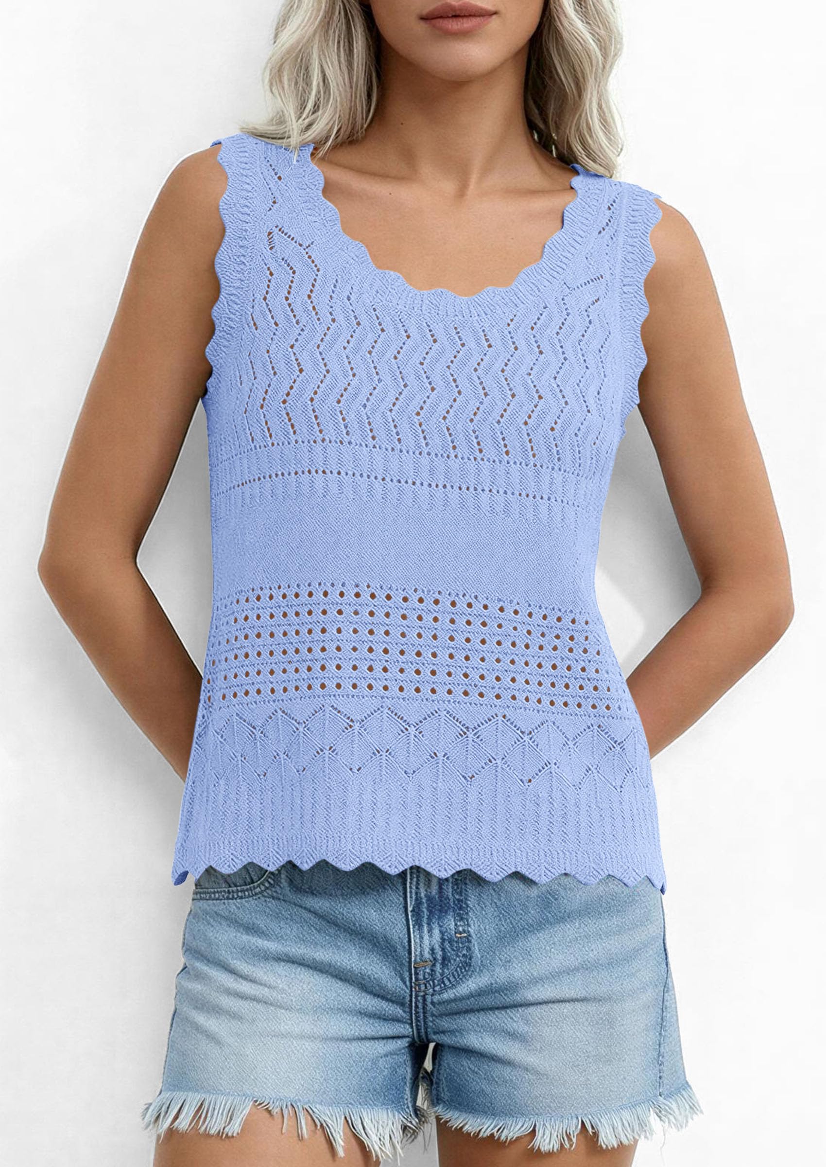 Womens Crochet Tank Tops Knit Sleeveless Vest,Light Blue,S