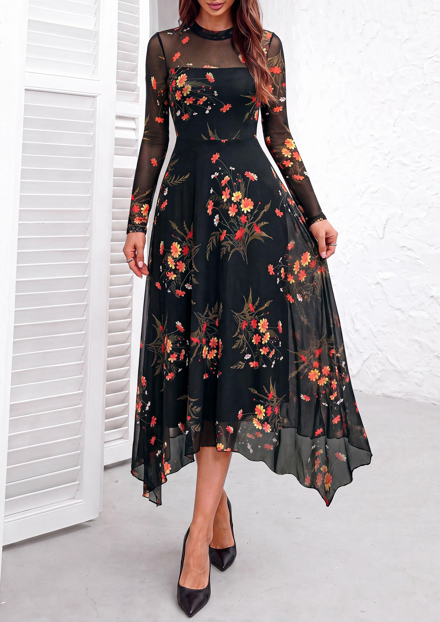 Women's Floral Mesh Midi Dress,Floral Black Yellow,L