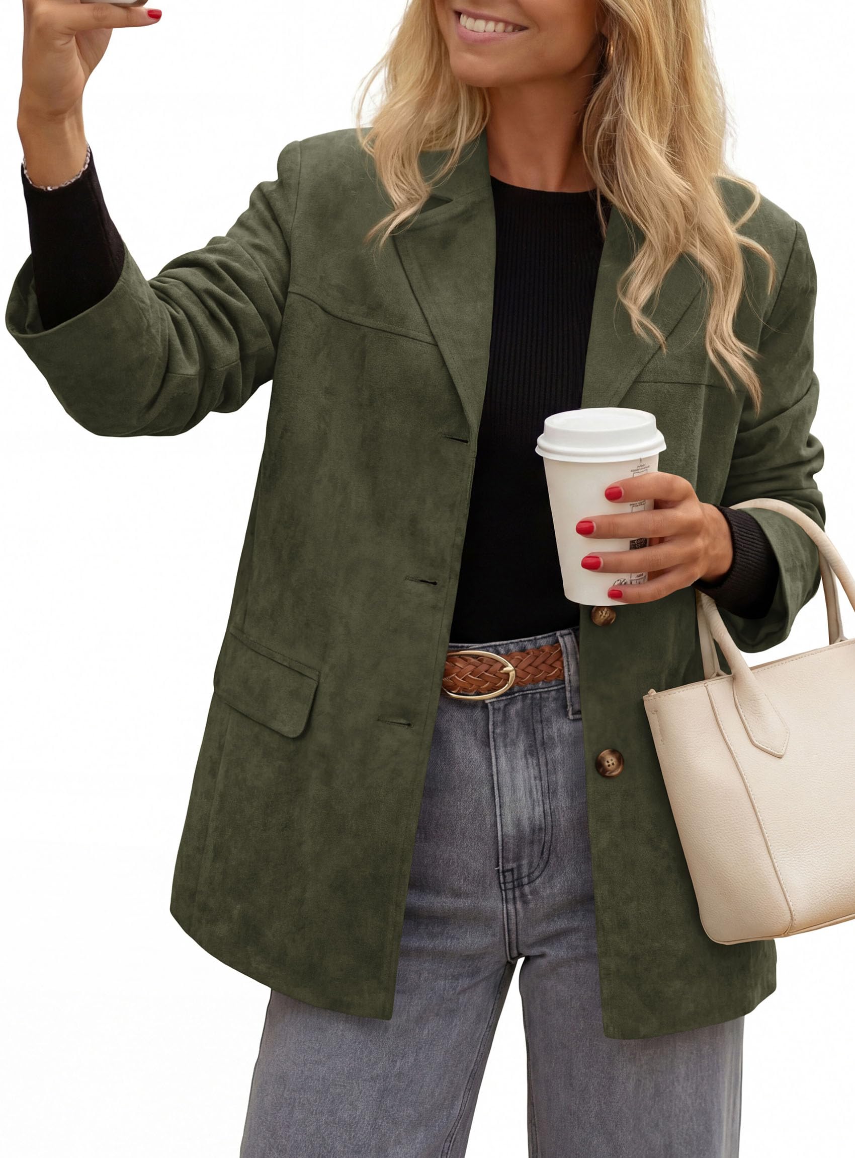 Blazers for Women Western Fall Faux Suede Jacket Army Green