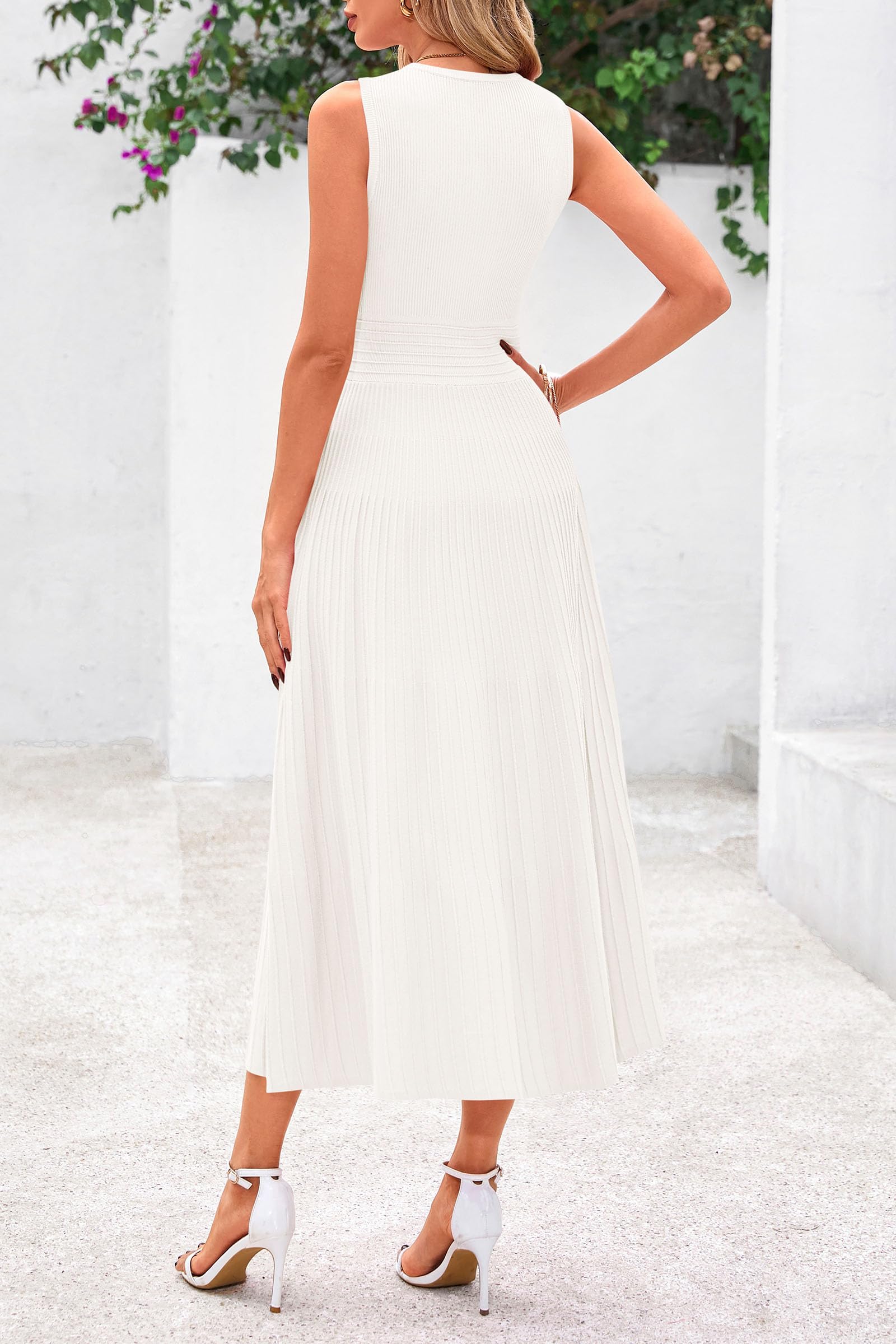 Women's Summer Pleated Midi Work Dress,White,S