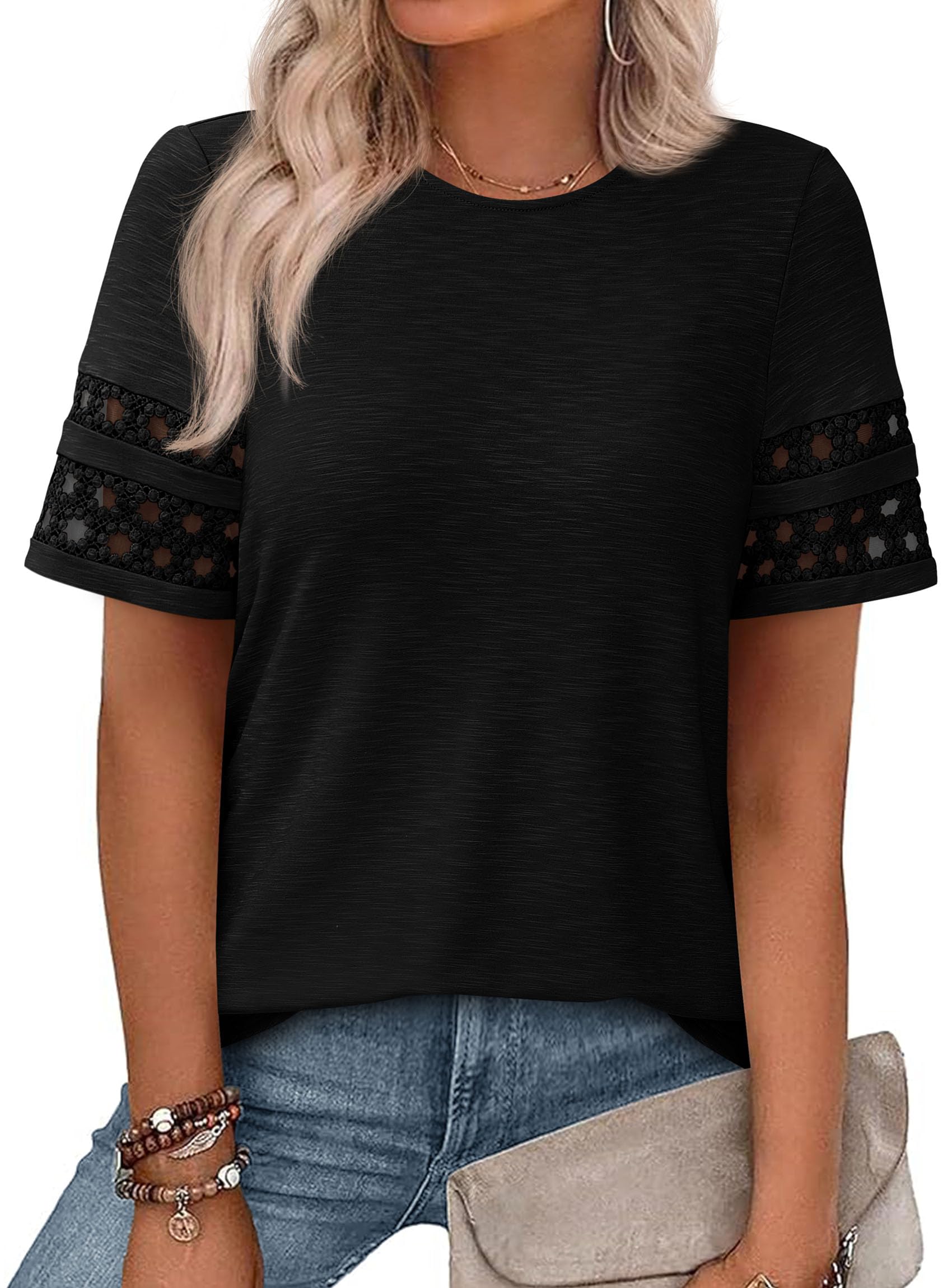 Women's Summer Short Sleeve Lace Trim T-Shirts,Black,S