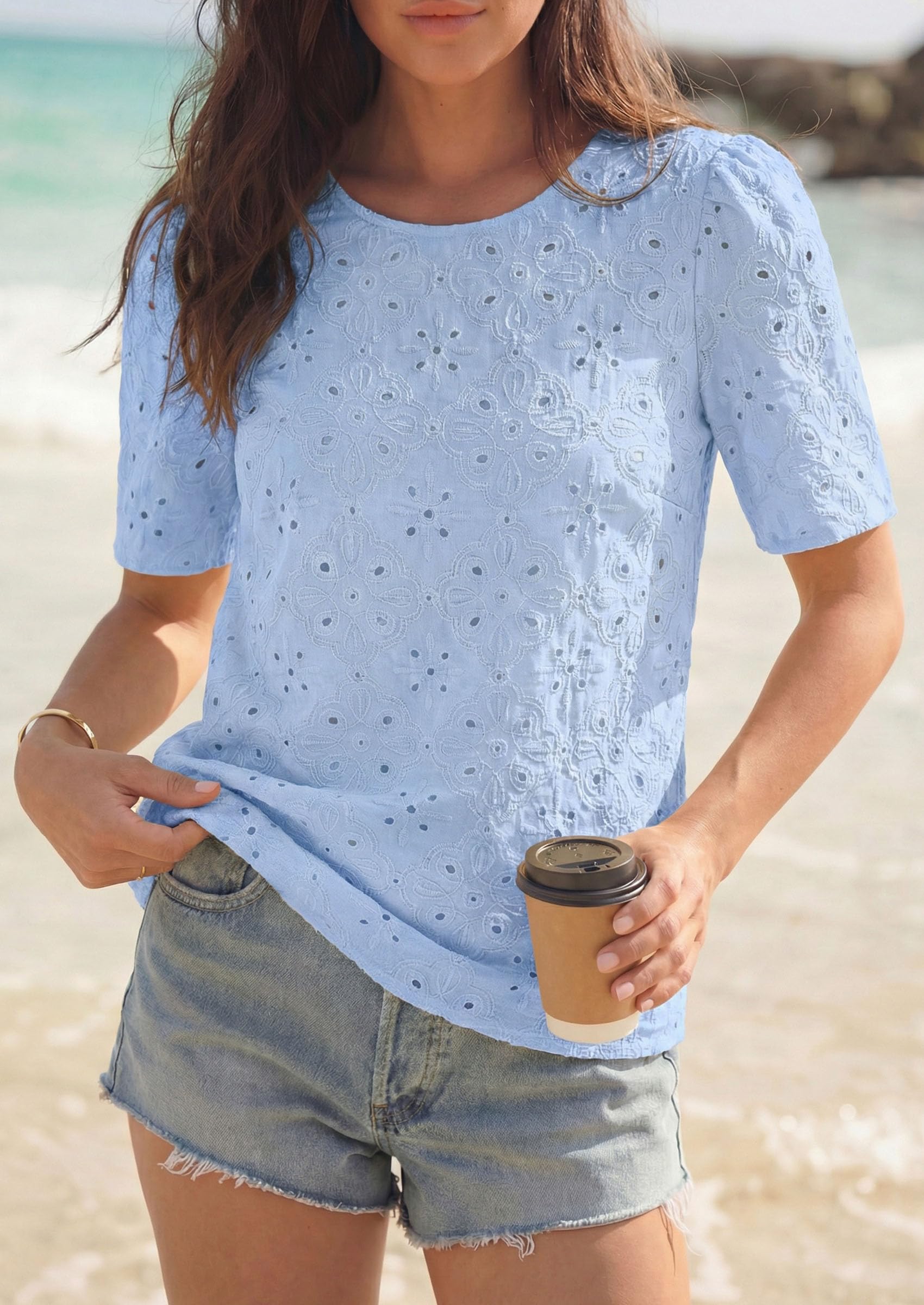 Women's Embroidered Eyelet Short Sleeve Blouse, Light Blue,L
