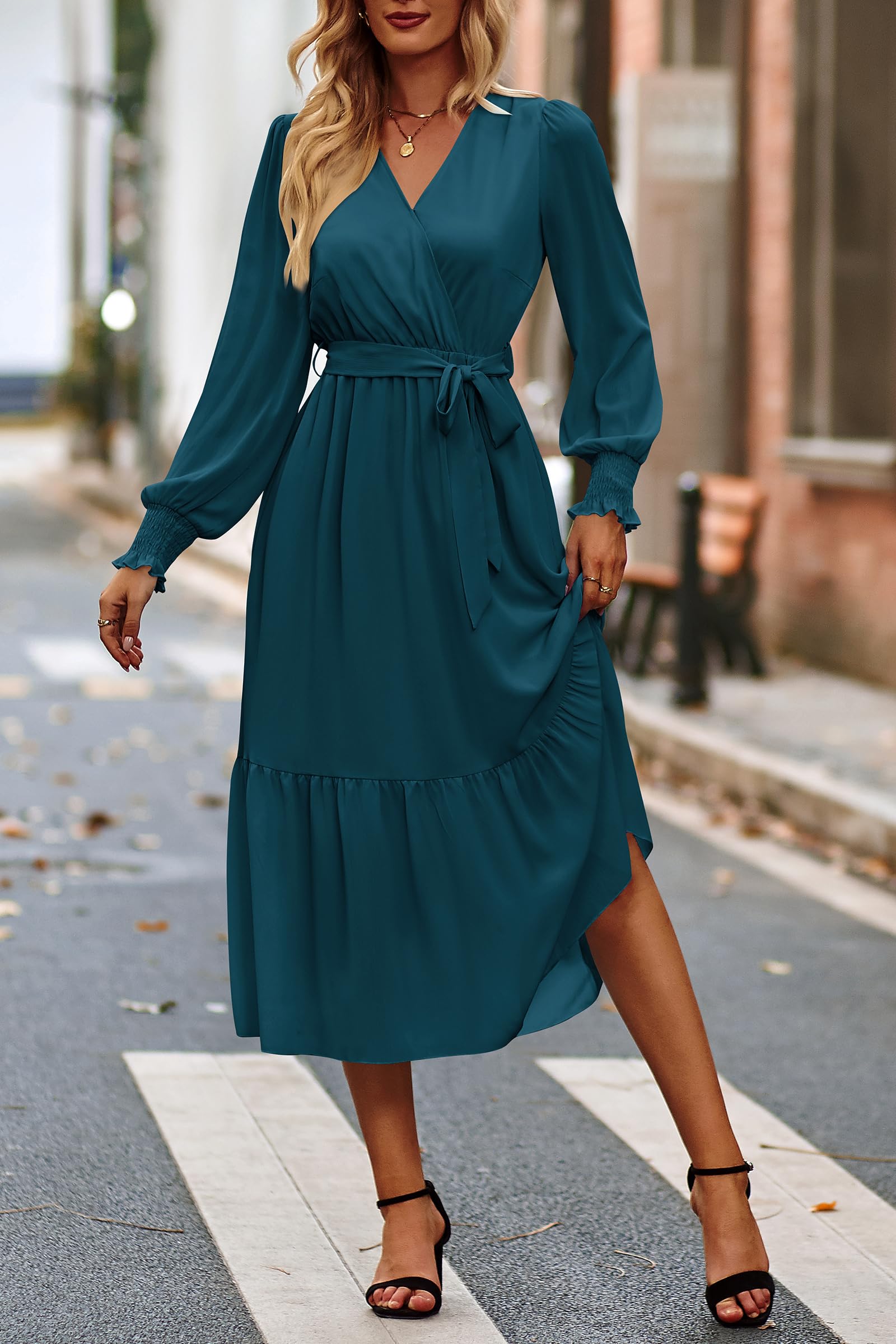 Women's Boho Long Sleeve Maxi Dress, Solid Lake Blue,S