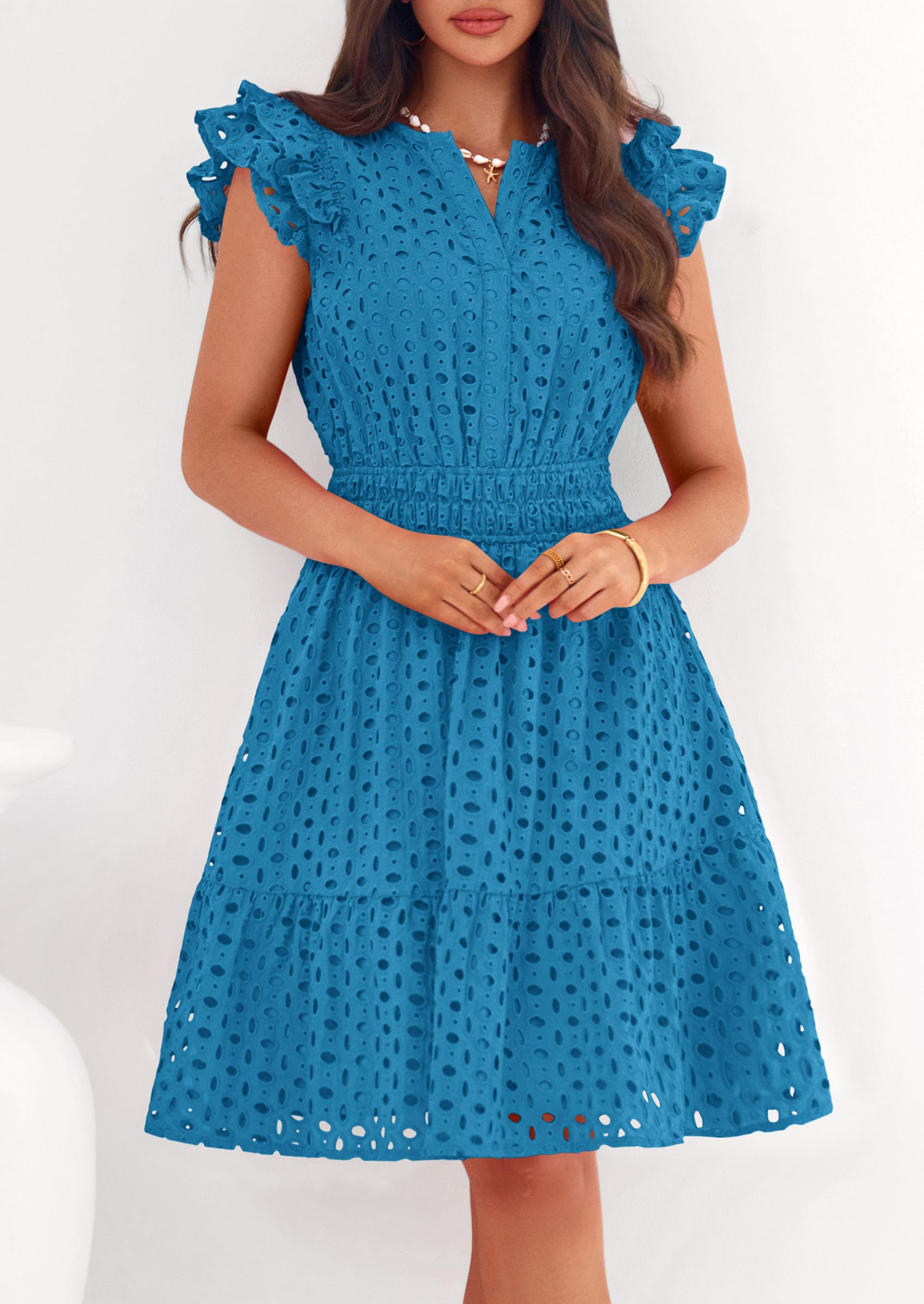 Women's Summer V Neck Eyelet Short Dress (Lake Blue,Small)