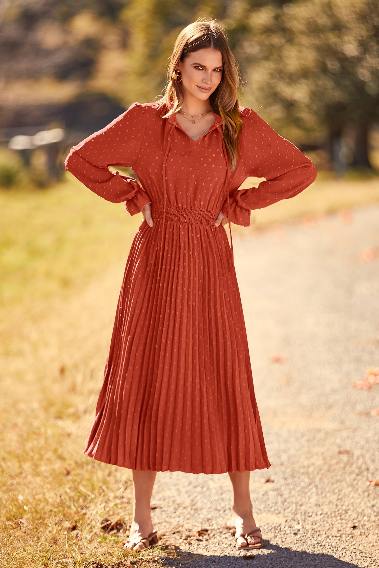 Women's Fall Midi Wedding Guest Dress(Brick Red,Small)