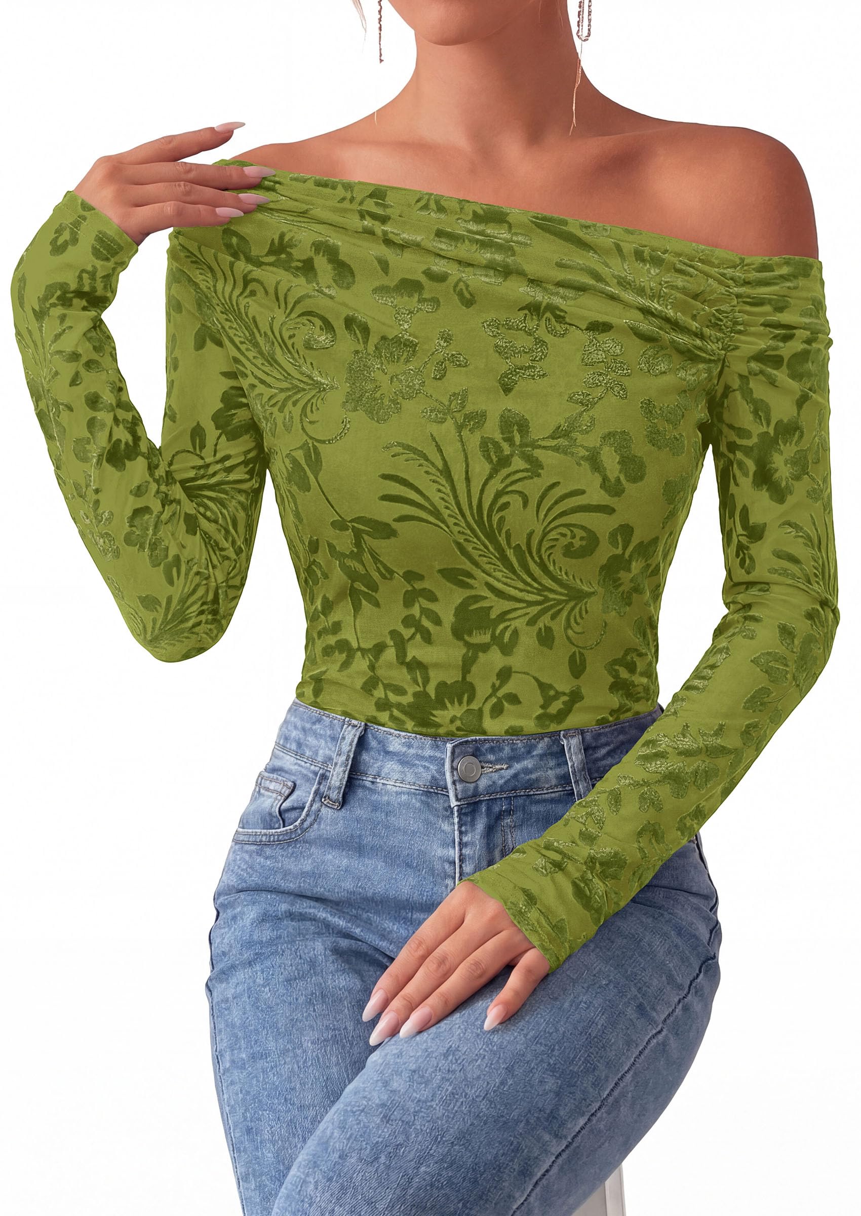 Off the Shoulder Tops for Women Fall Mesh Floral Blouses