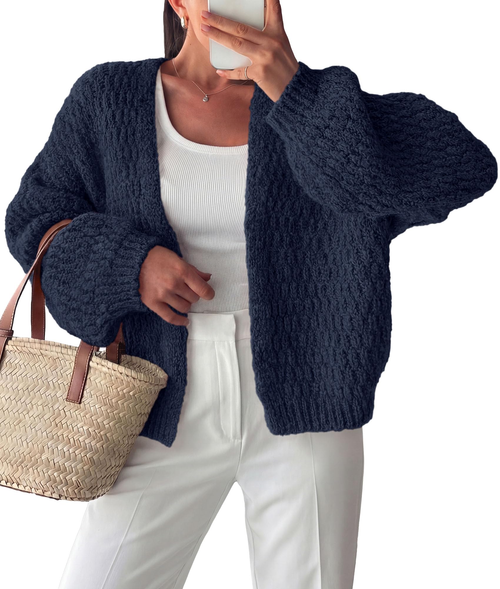 Women's Fall Cardigan Open Front Chunky Sweaters Navy Blue S