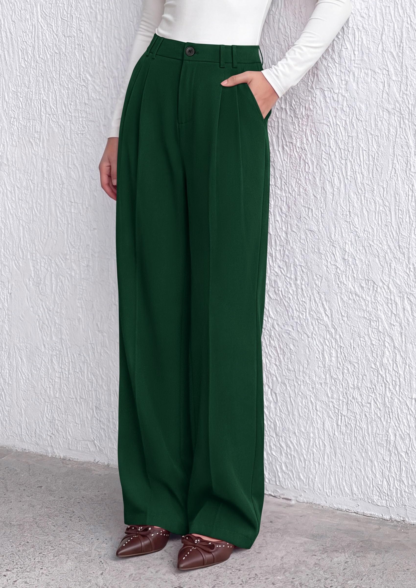 Women's Dress Pants Wide Leg Flowy Trousers,Dark Green,S