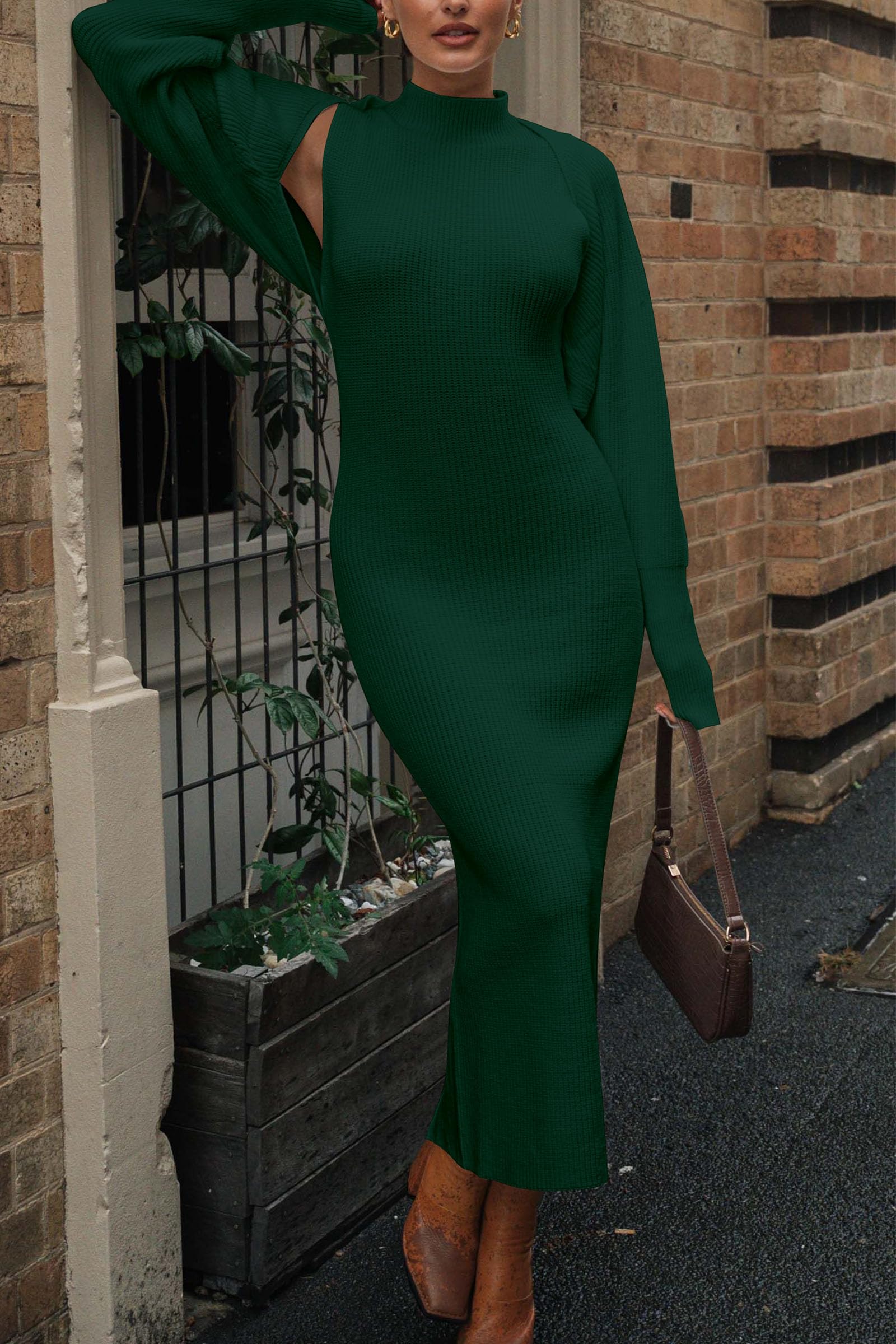 Women's 2 Piece Ribbed Knit Sweater Dress Set, Dark Green,S