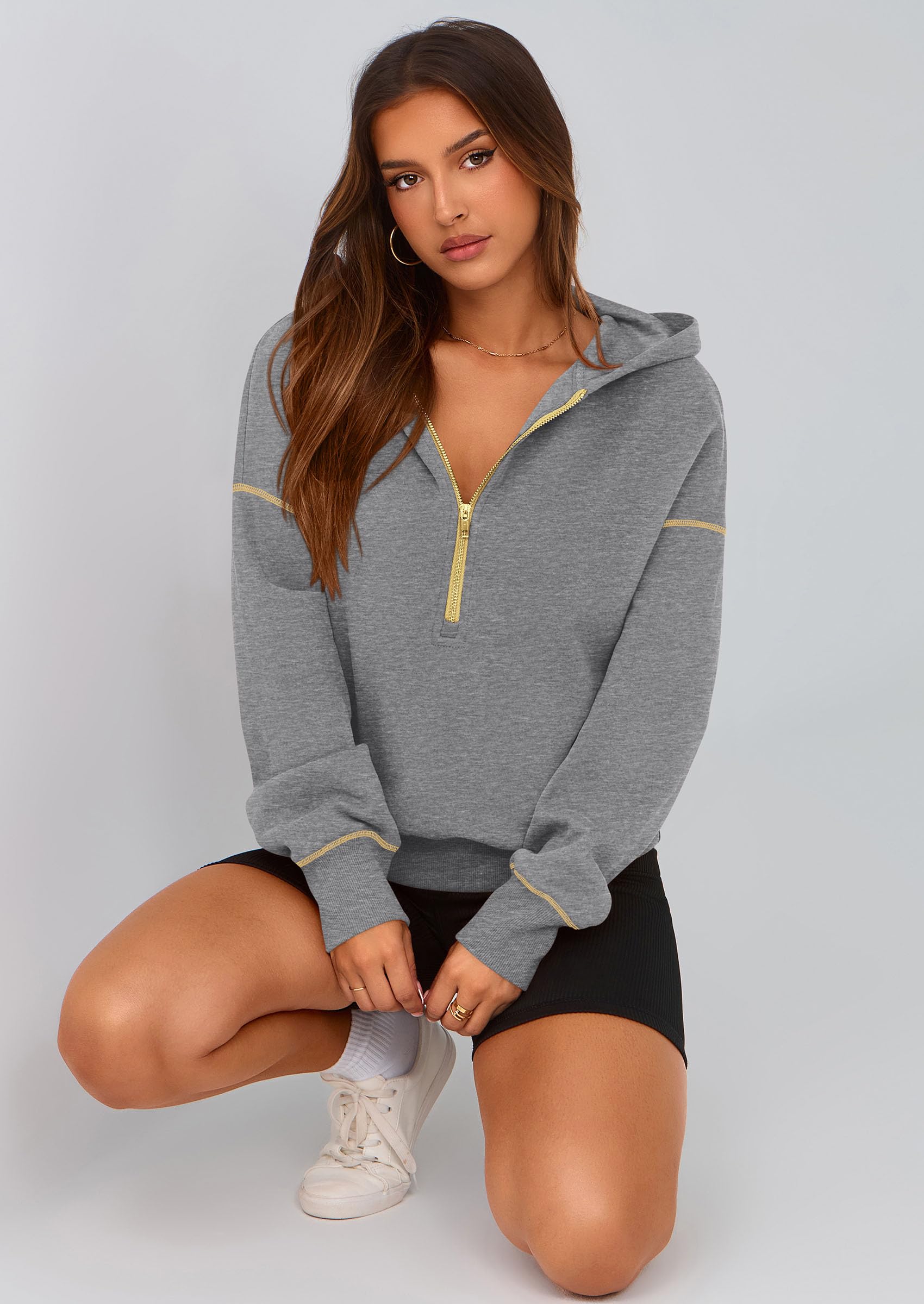 Women's Fall Half Zip Cropped Hoodie Sweatshirt Dark Grey