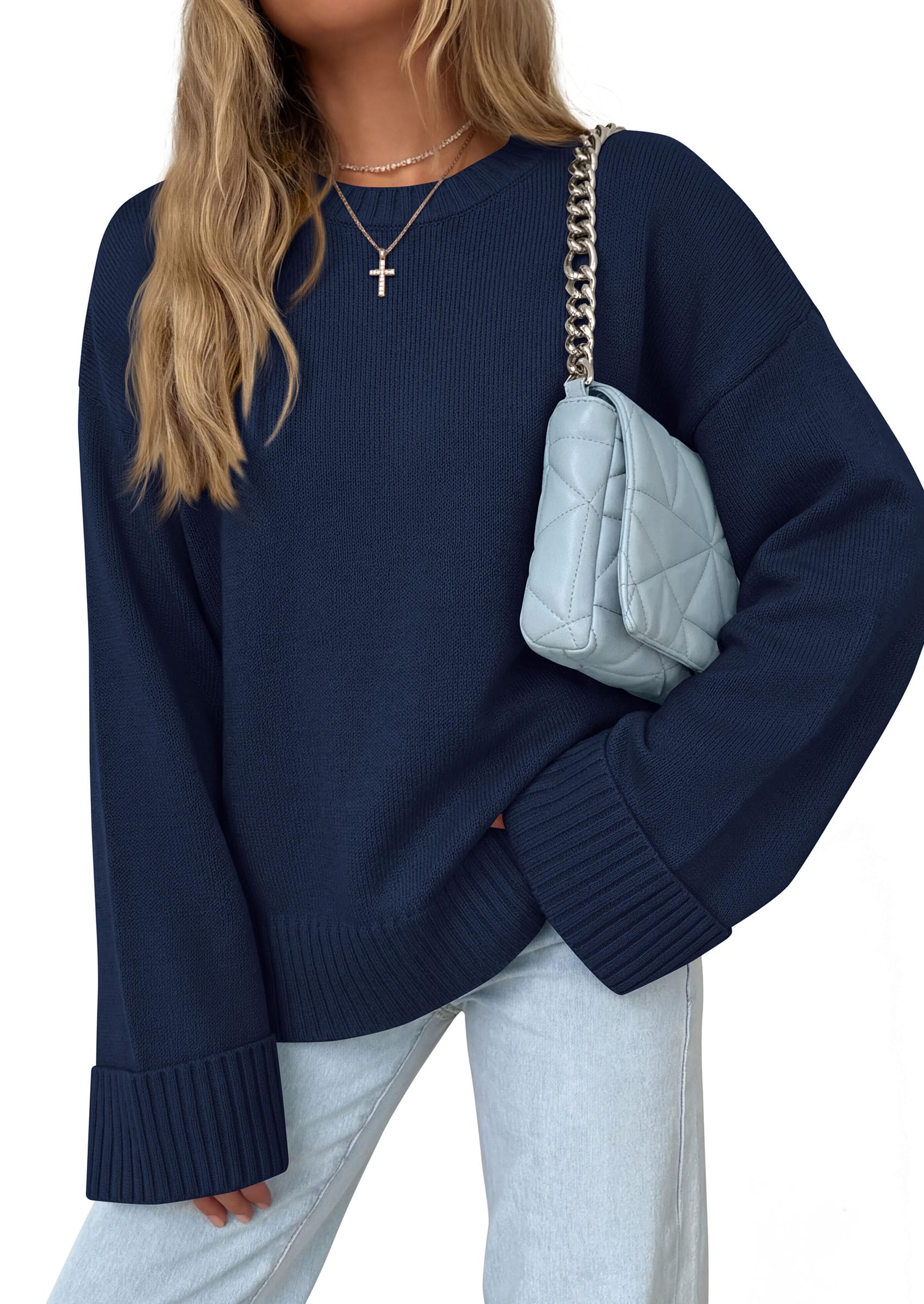 Oversized Sweater Women's Crewneck Long Sleeve Tops Navy Blue