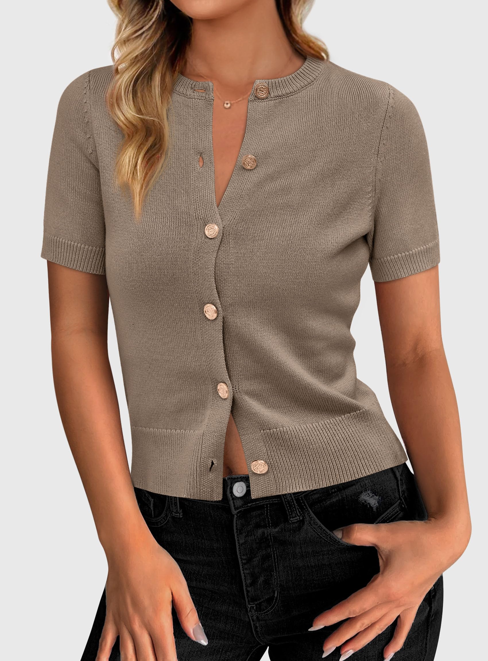 Womens Summer Cardigan Short Sleeve Sweater,Camel,S