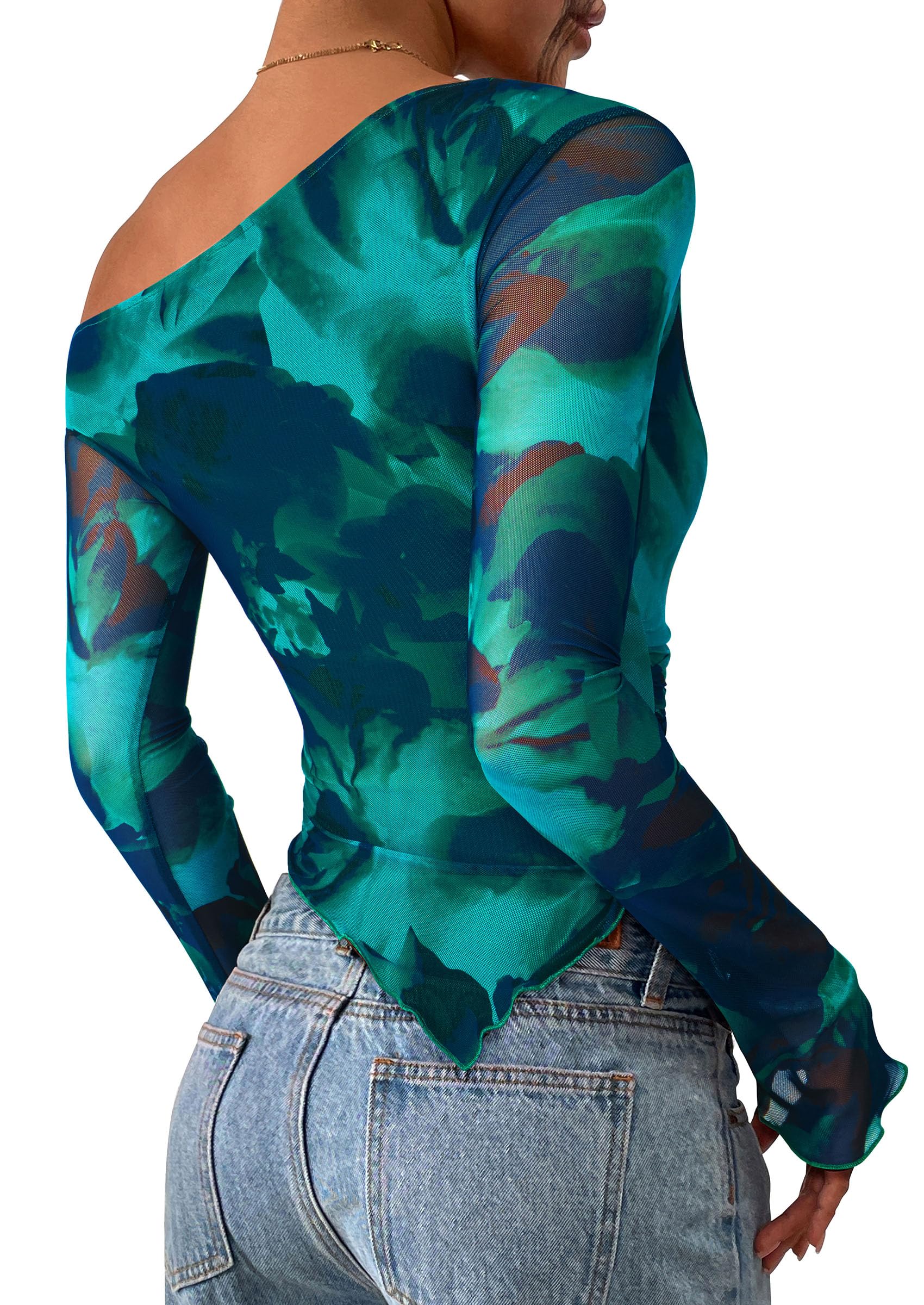 Womens Off Shoulder Mesh Y2k Tops,Floral Lake Blue,XS