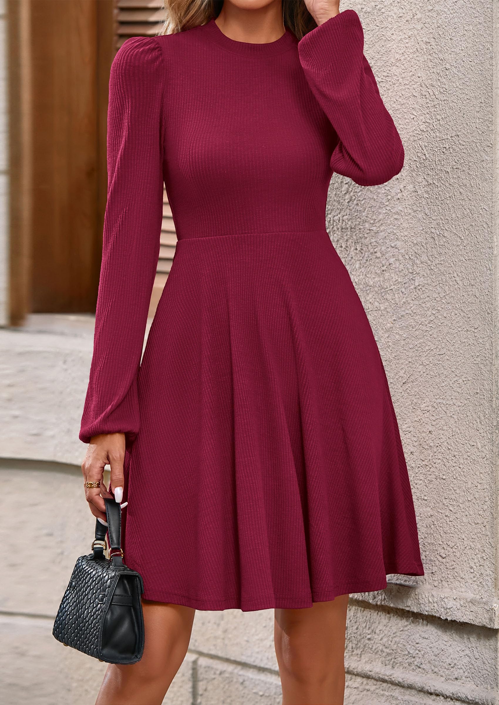 Womens A Line Long Sleeve Mini Dress,Wine Red,S