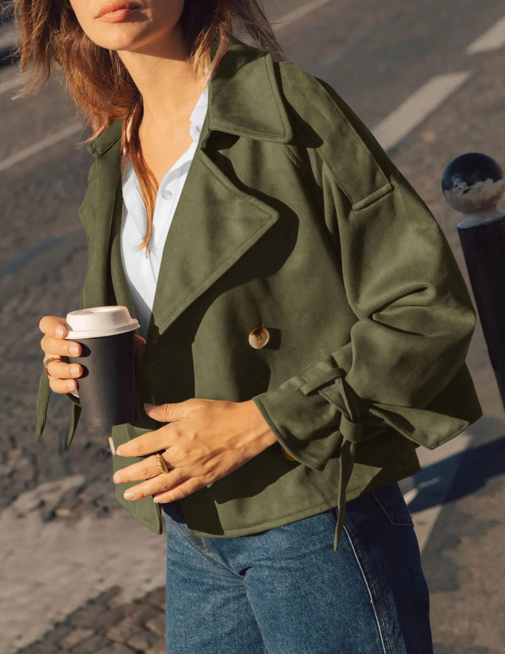 Women Faux Suede Double Breasted Trench Coat Cropped Jackets