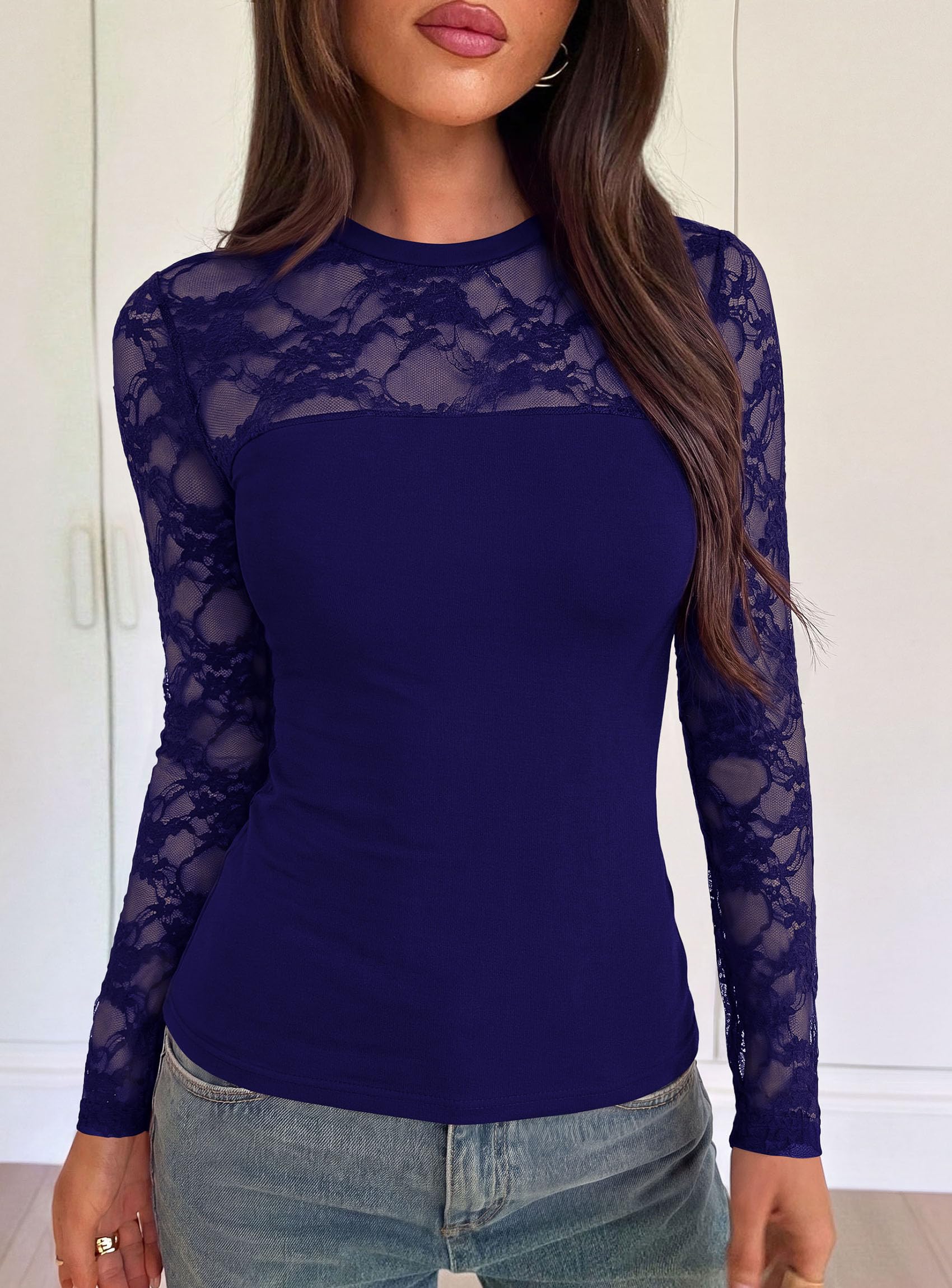 Womens Mesh Sheer Shirts Lace Long Sleeve Tops,Navy,S