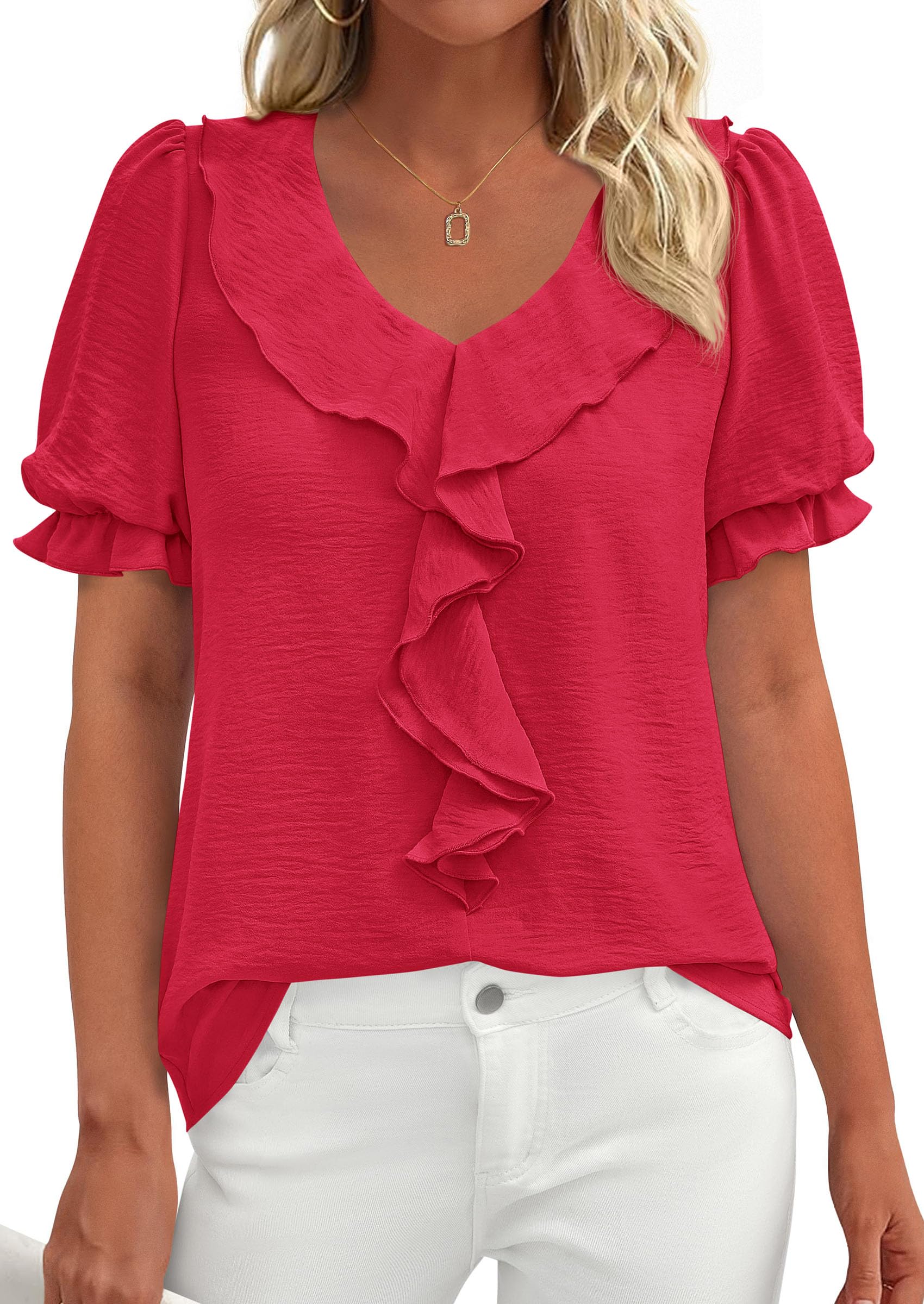 Women's Summer Ruffle Dressy Casual Blouses (Red,S)