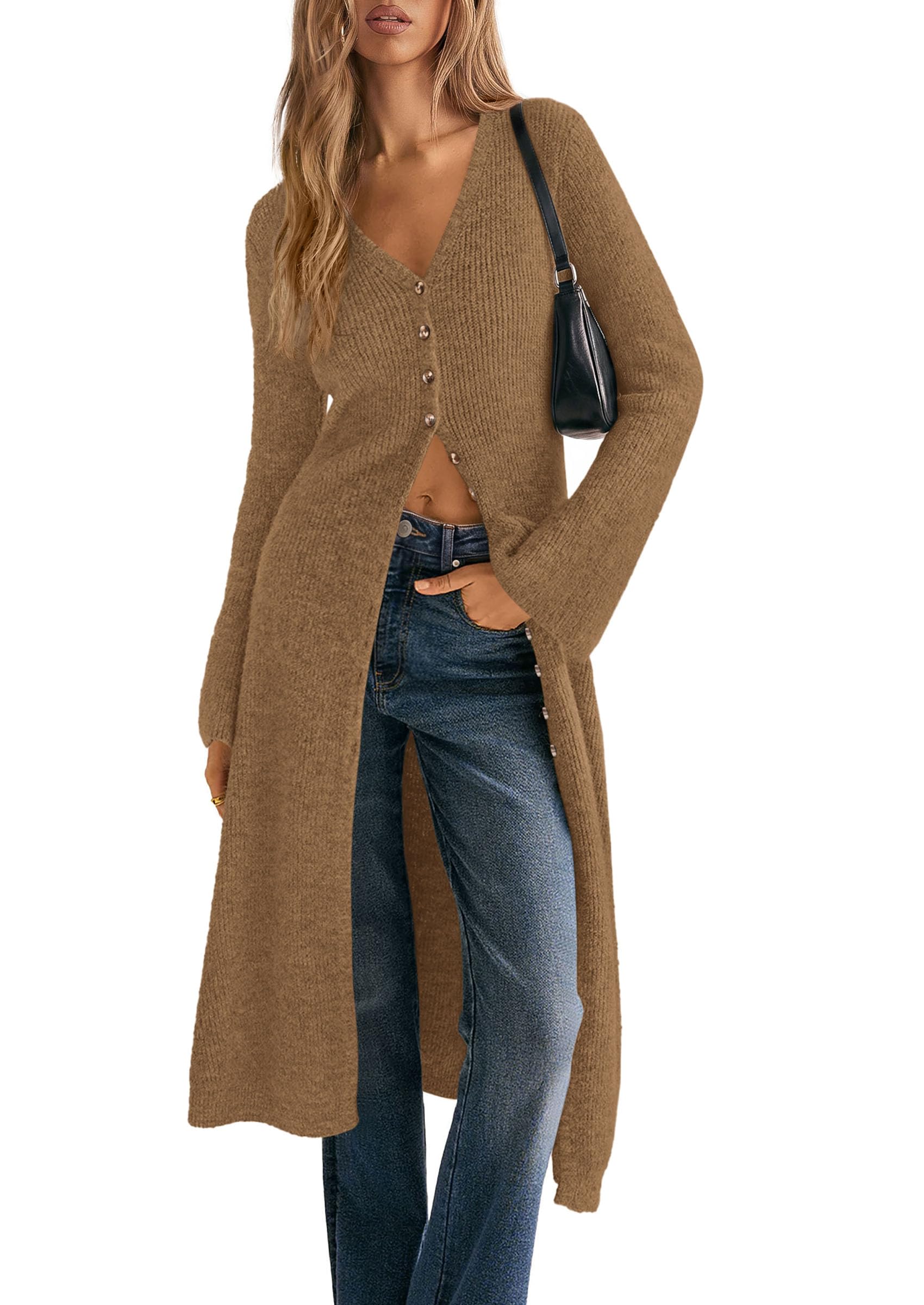 Women Long Cardigan Bell Sleeve Sweater Dress (Dark Khaki,S)