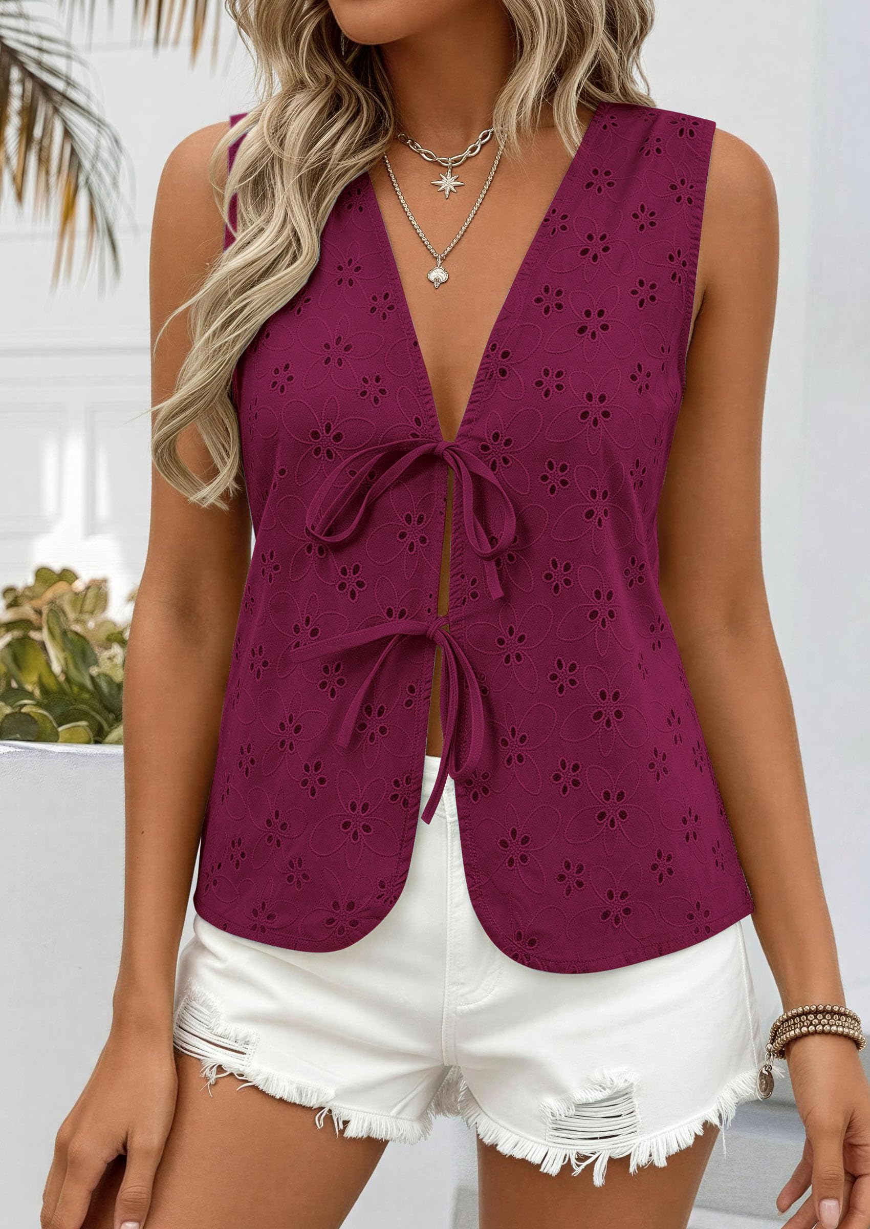 Women's Summer Eyelet Lace Tie Front Vest Tops (Burgundy,S)