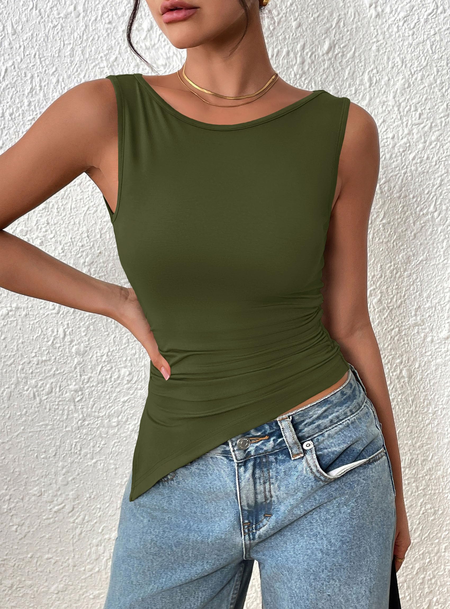 Women's Ruched Tank Tops Summer Y2K Shirts,Army Green,S
