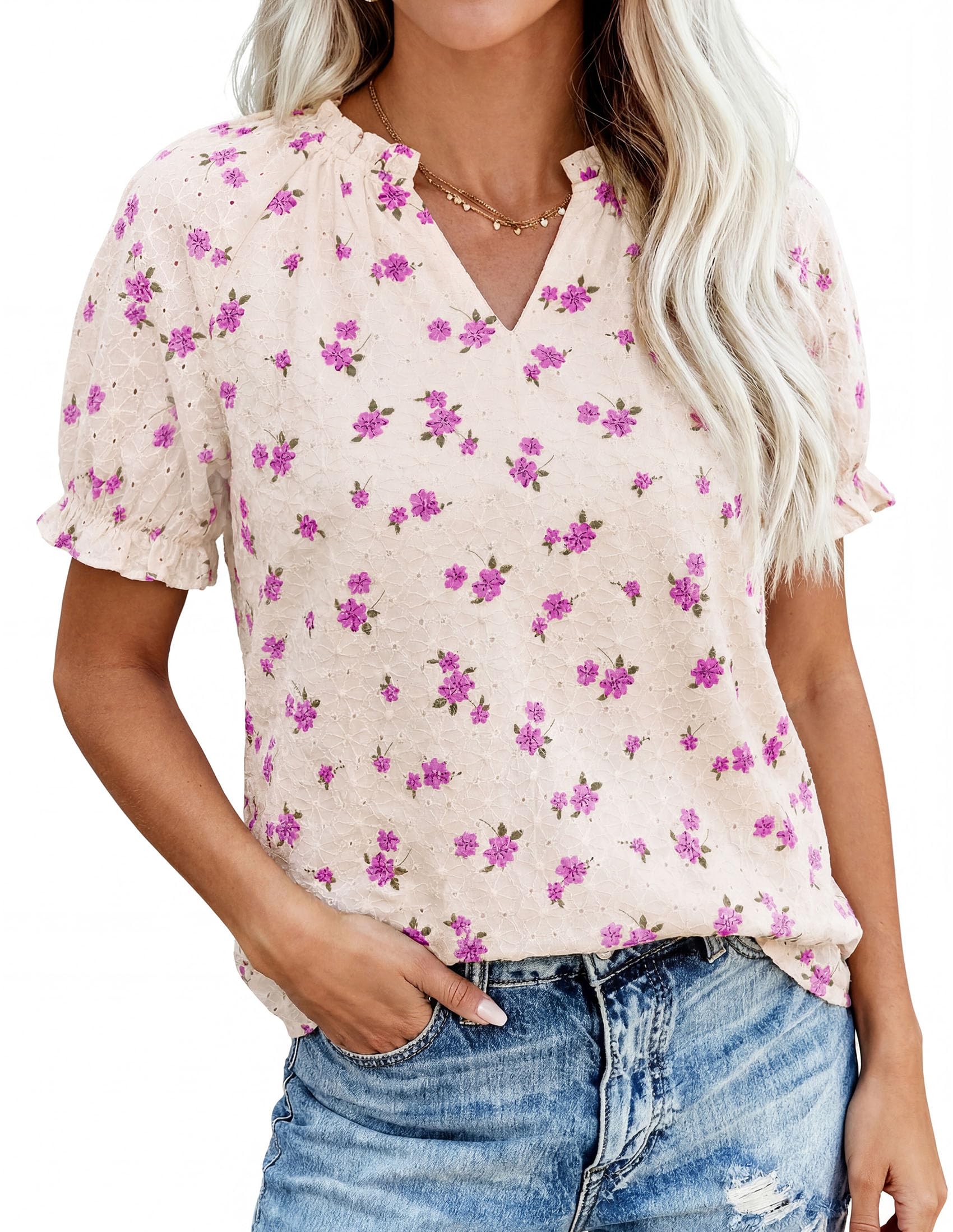 Womens Floral Short Sleeve Blouses,S Purple Flower,S