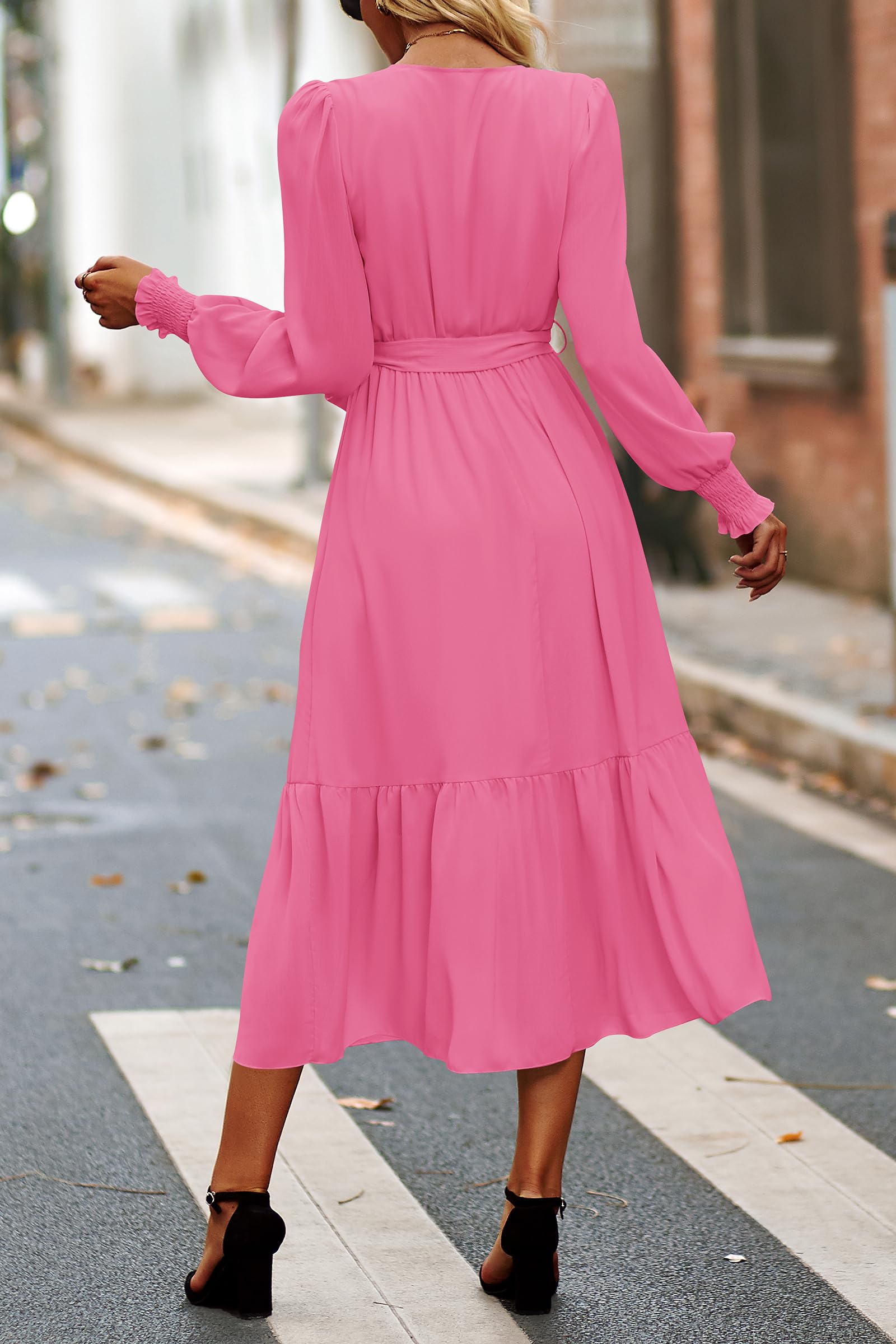 Women's Boho Long Sleeve Maxi Dress, Solid Rose Pink,S