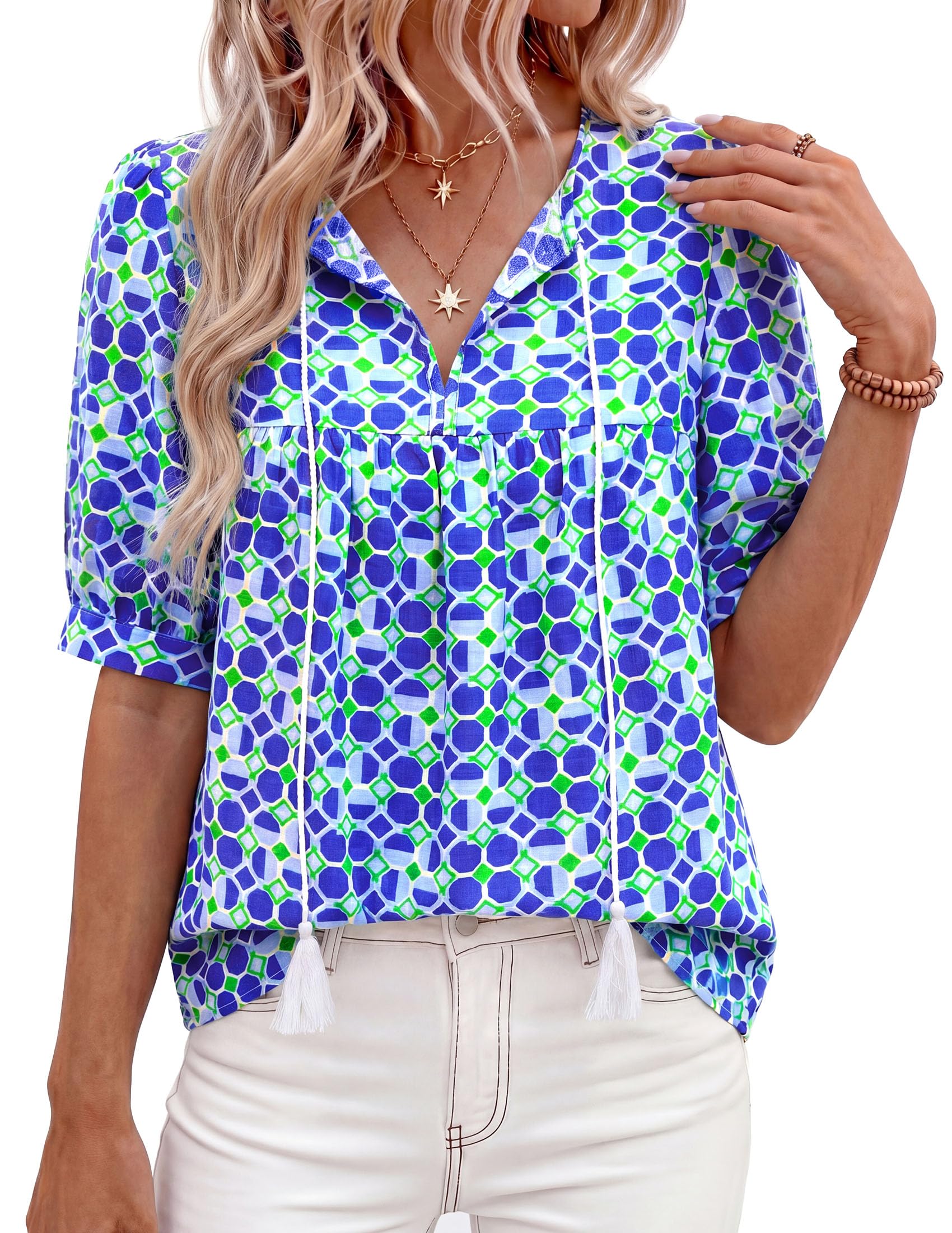 Womens Summer Boho Blouses Dressy Casual Floral Blue Green,S