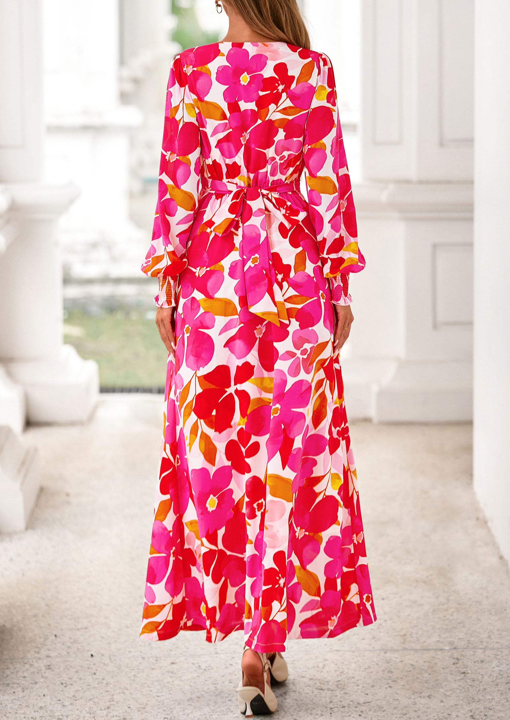 Women's Tie Waist Floral Maxi Dress,Floral White Rose Red,S